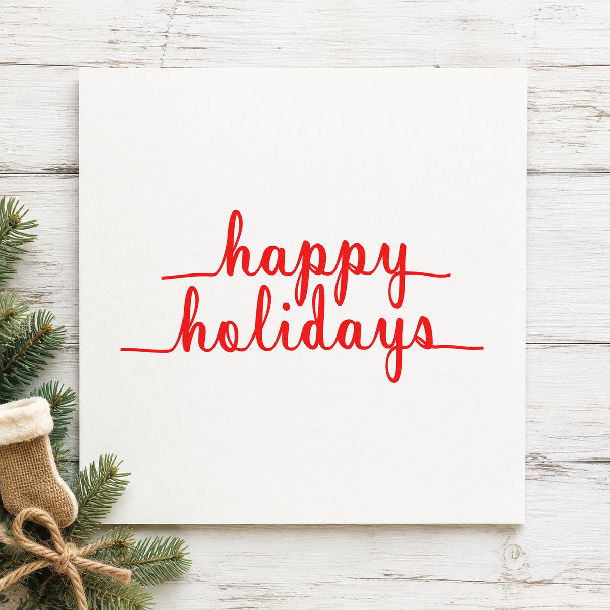 Happy Holidays Underlined Script craft stamp in red ink on cardstock, an easy option for ribbon length printing.