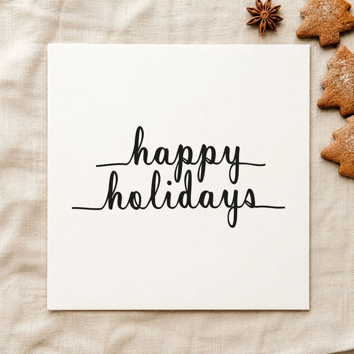 Happy Holidays Underlined Script rubber stamp printed in black ink, ready for extended flourish cards and similar paper crafts.