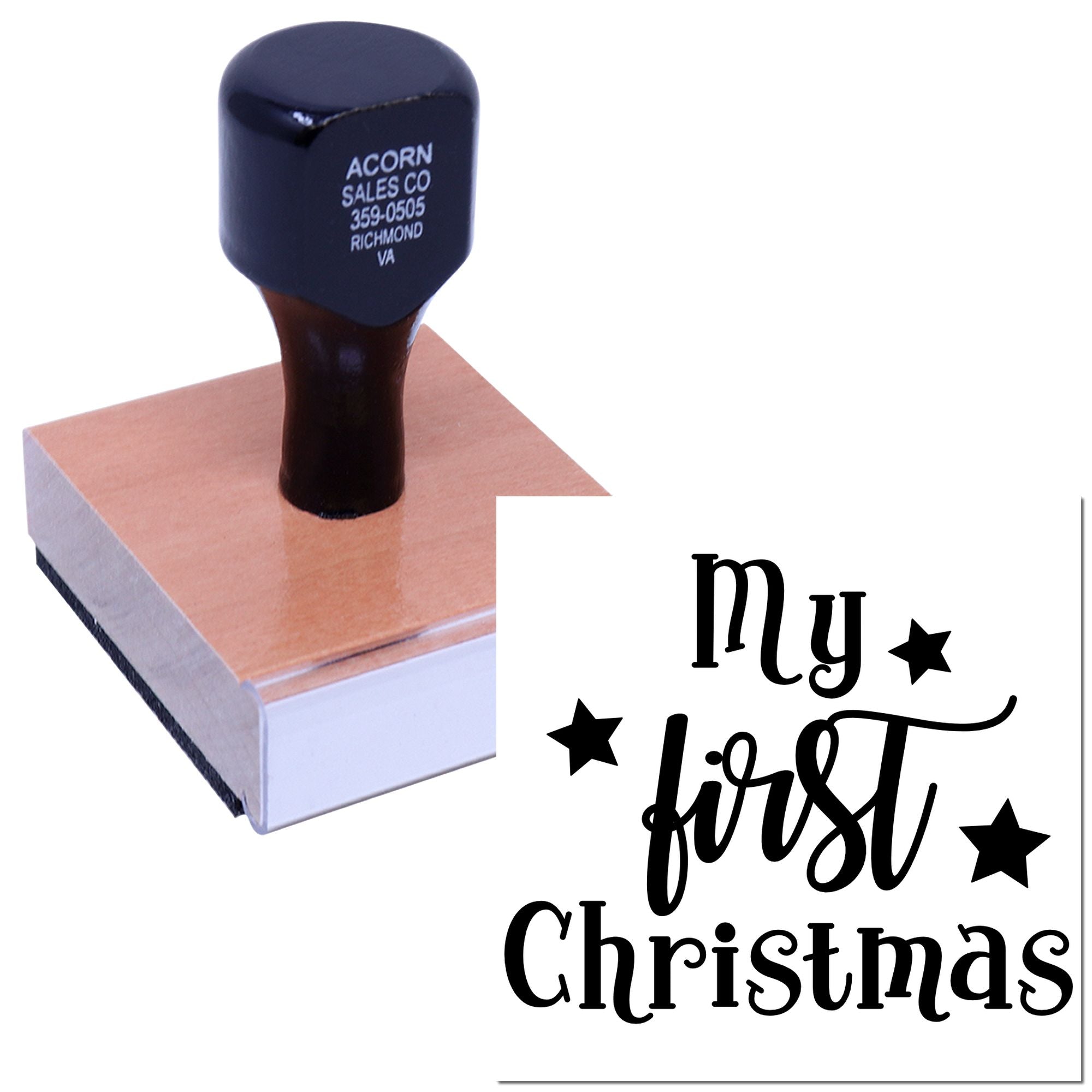 Custom rubber stamp with My First Christmas design and stars, ideal for holiday crafts, cards, and babys first Christmas.
