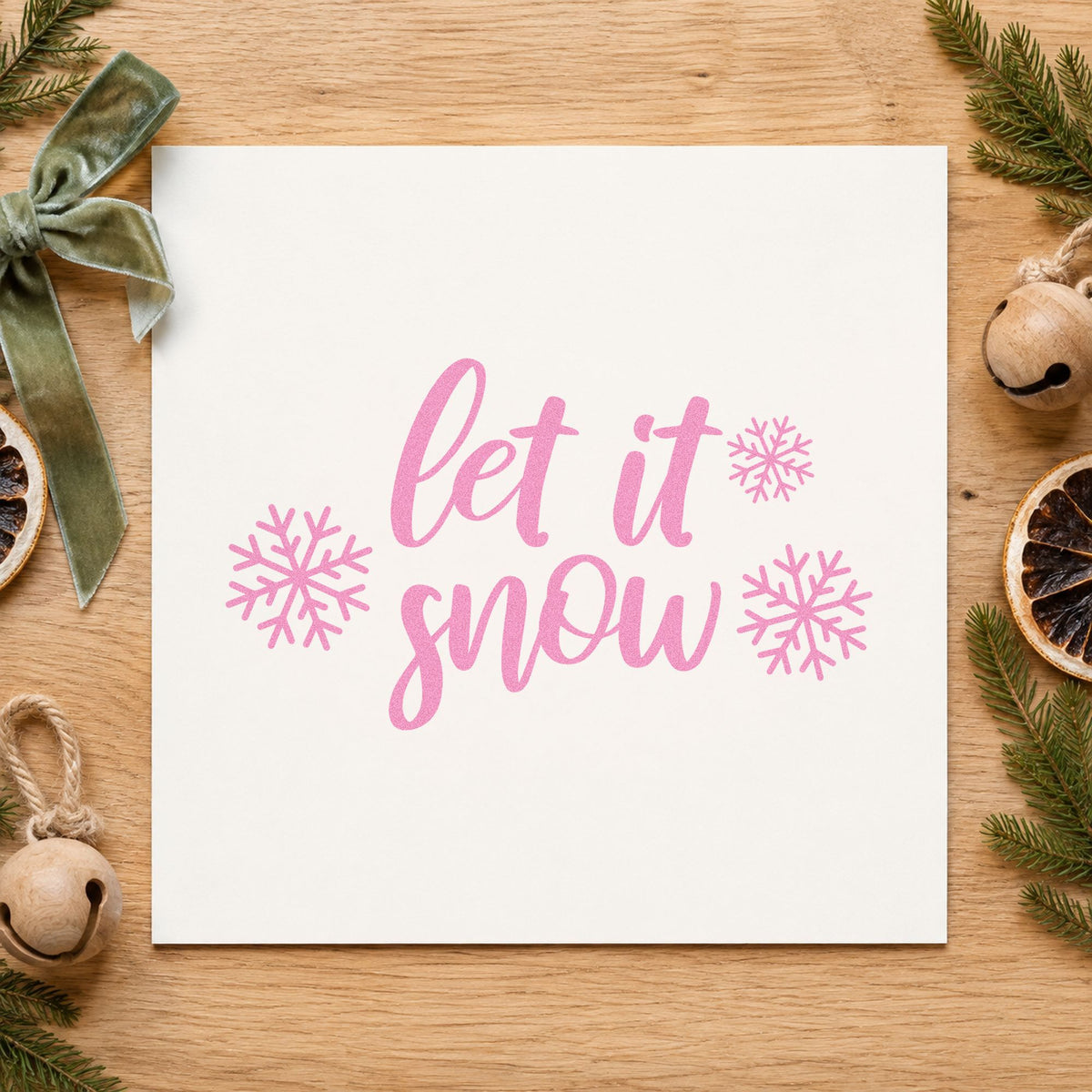 Let It Snow Three Snowflakes craft stamp in purple ink on cardstock, an easy option for quilt project album.