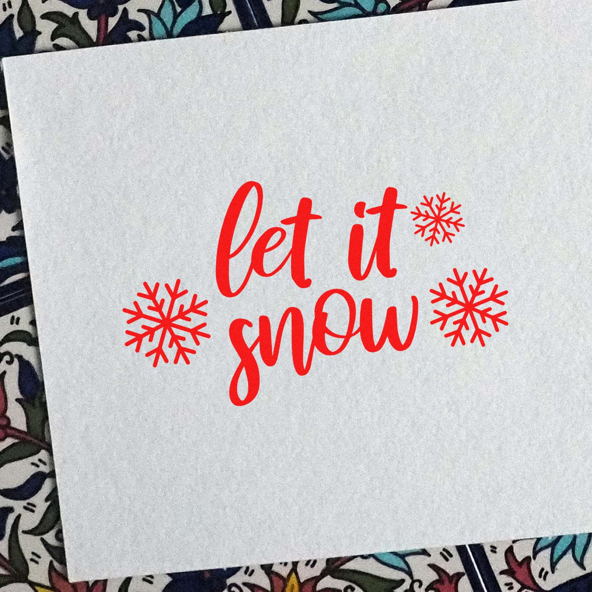 Let It Snow Three Snowflakes rubber stamp shown in red ink, stamped for projects such as quilt project album.