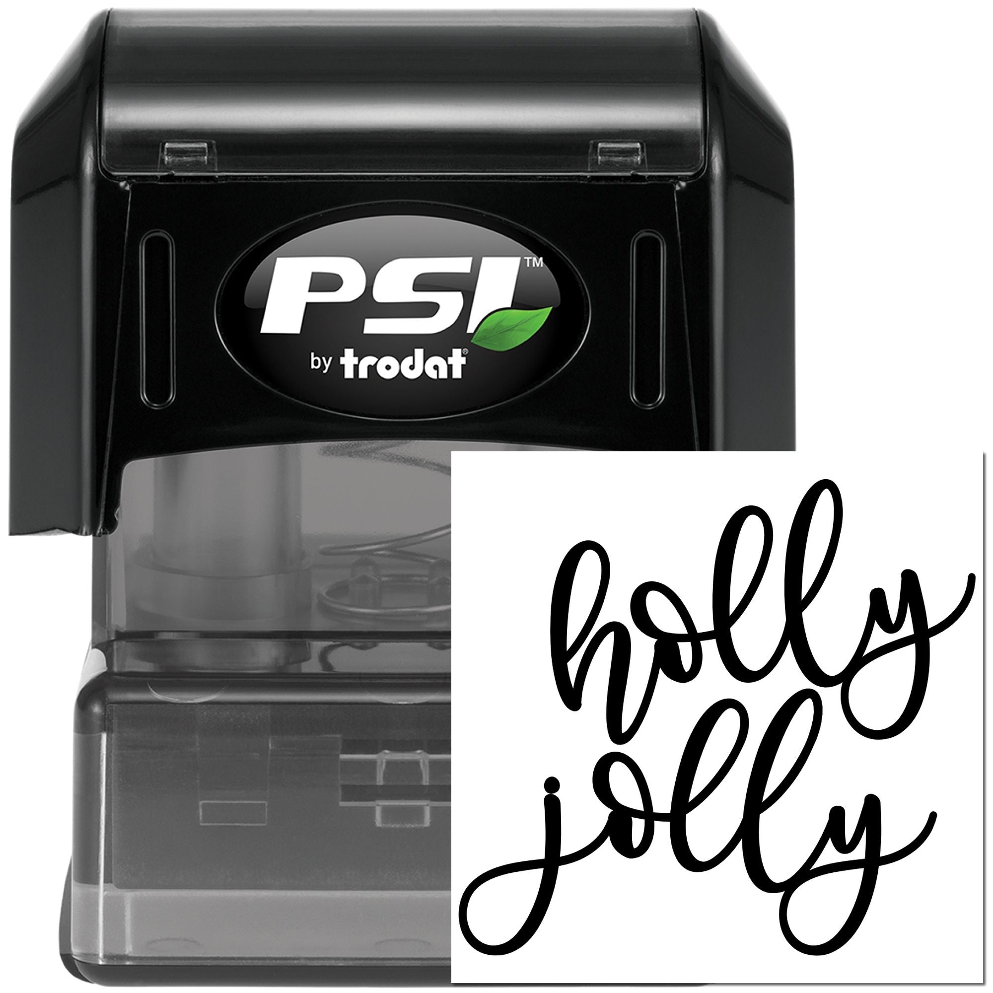 PSI by Trodat self-inking rubber stamp with holly jolly cursive holiday imprint for festive cards and crafts.