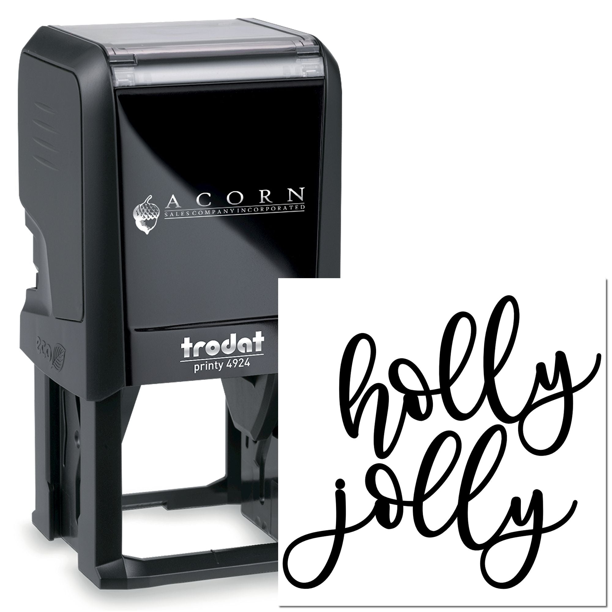 Custom self-inking rubber stamp with holly jolly script, ideal for holiday cards, crafts, and festive packaging.