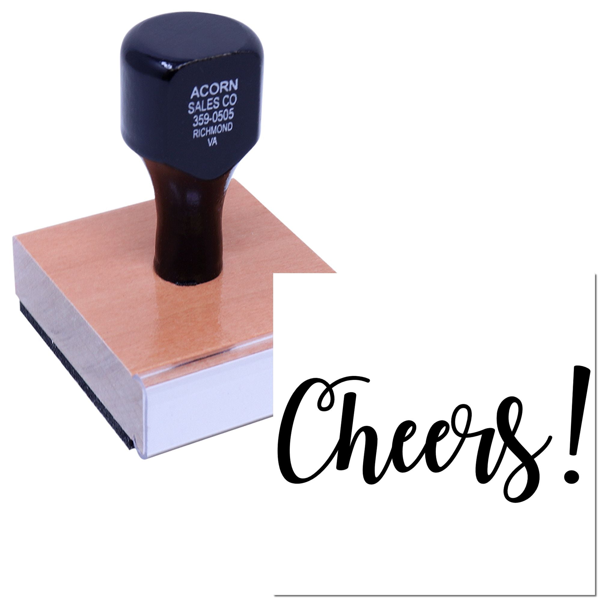 Custom rubber stamp with Cheers! design for party invitations, branded stationery, and celebratory packaging.