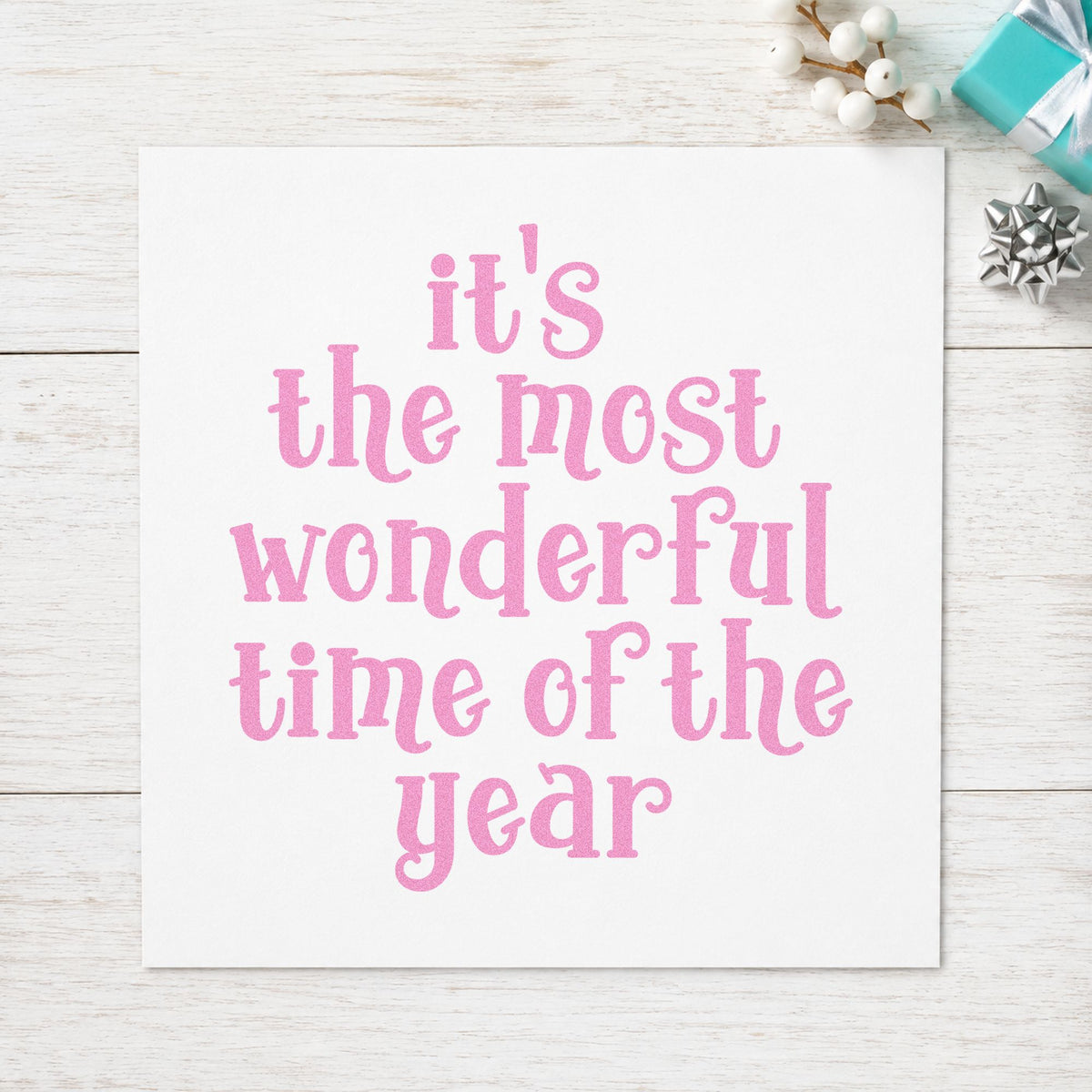 Most Wonderful Time Of Year craft stamp in purple ink on cardstock, an easy option for travel album page.