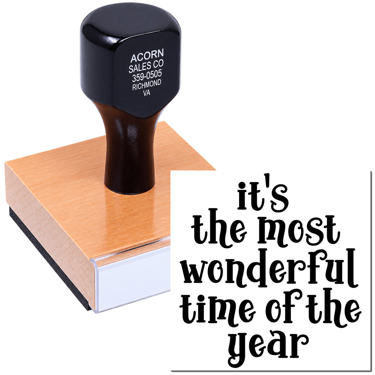 Self-inking rubber stamp with Its the Most Wonderful Time of the Year for holiday cards, gifts, and packaging.