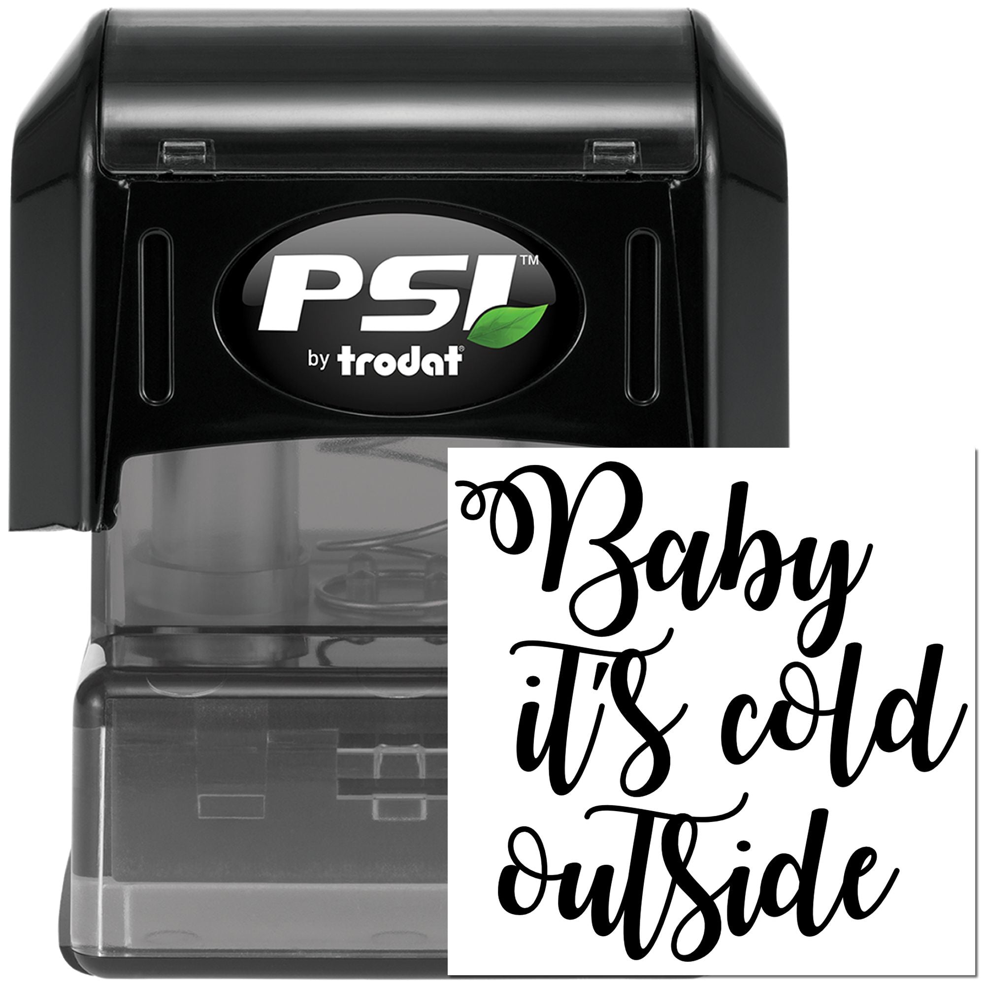 Self-inking rubber stamp with Baby Its Cold Outside script, perfect for winter cards, gift tags, and holiday packaging.