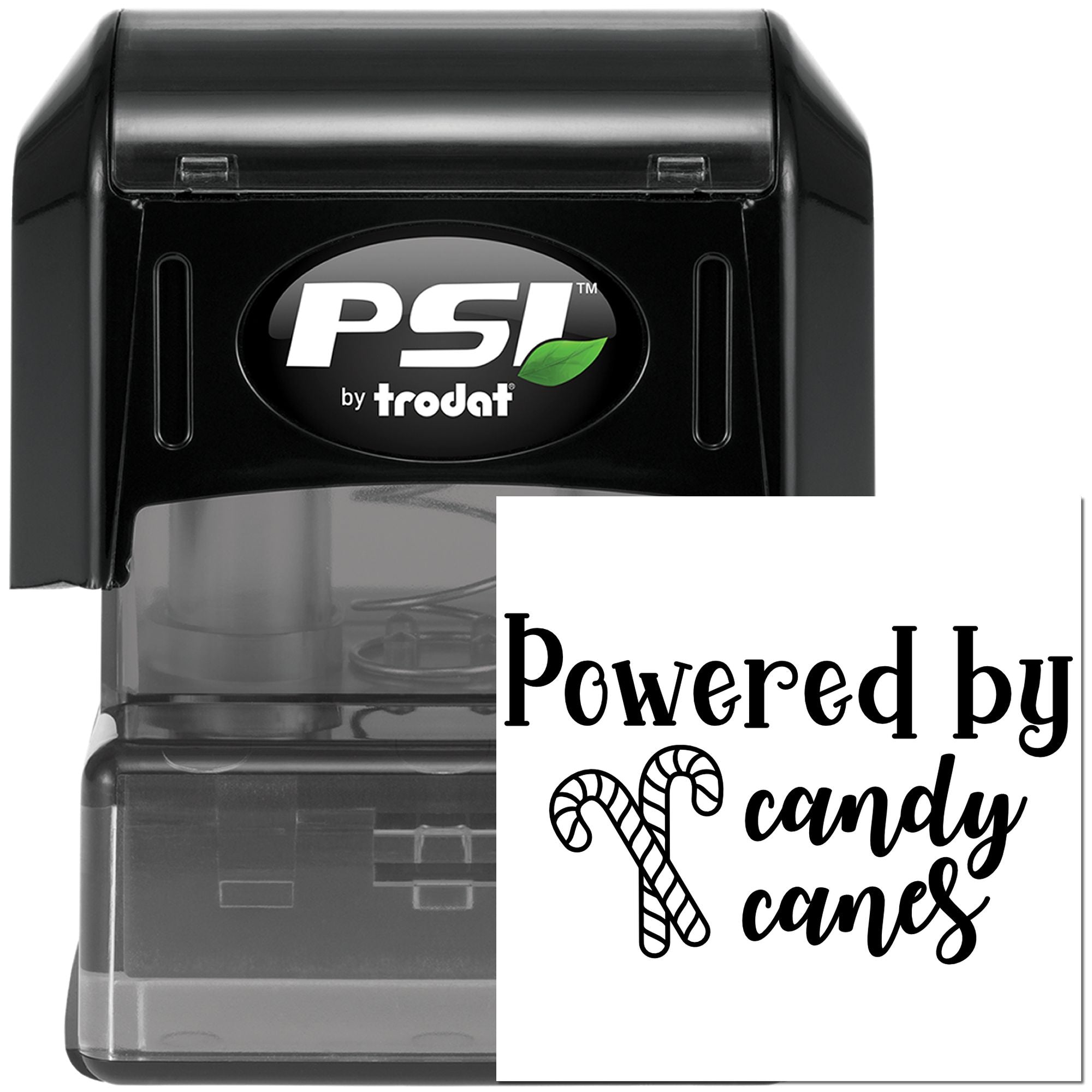 PSI by Trodat self-inking rubber stamp with custom Powered by candy canes holiday imprint and candy cane graphic.
