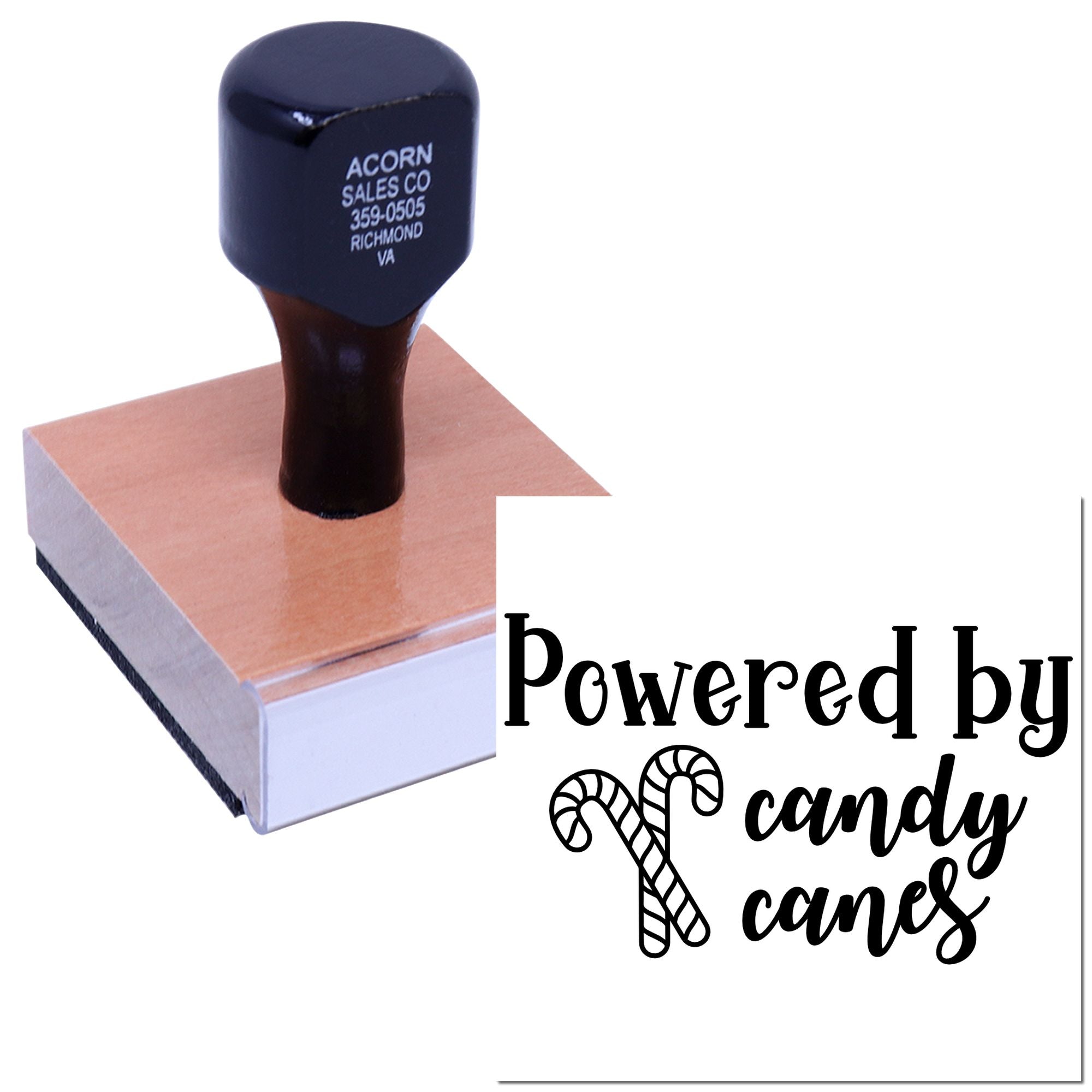 Custom Christmas rubber stamp with Powered by candy canes design for festive cards and packaging.
