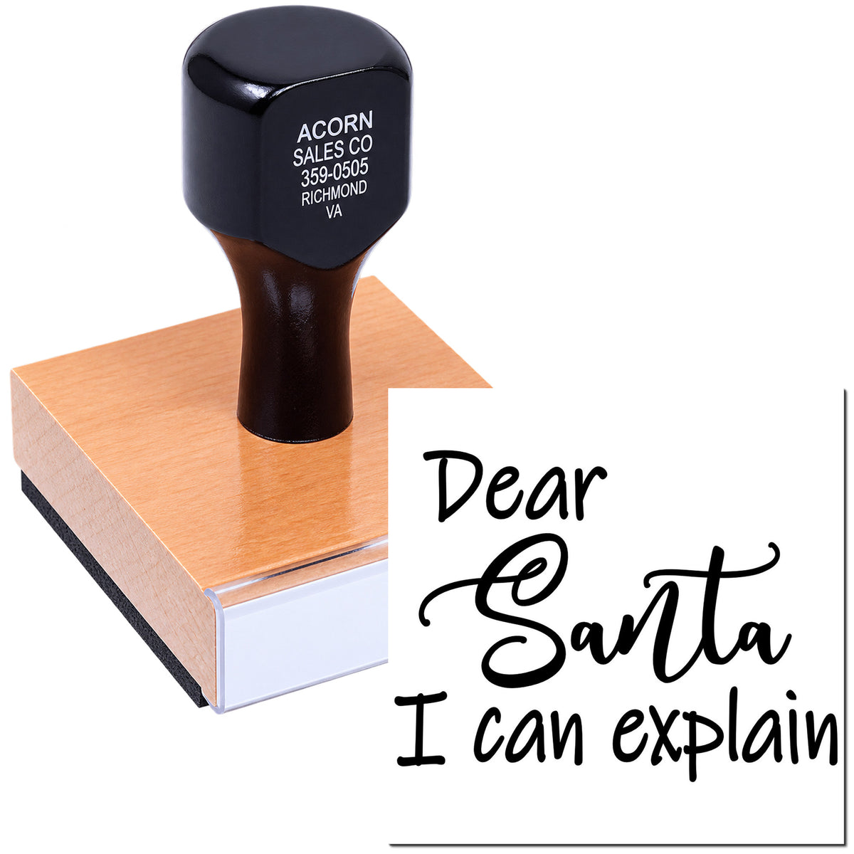 Custom rubber stamp with Dear Santa, I can explain message for holiday cards, crafts, and playful Christmas gifts.