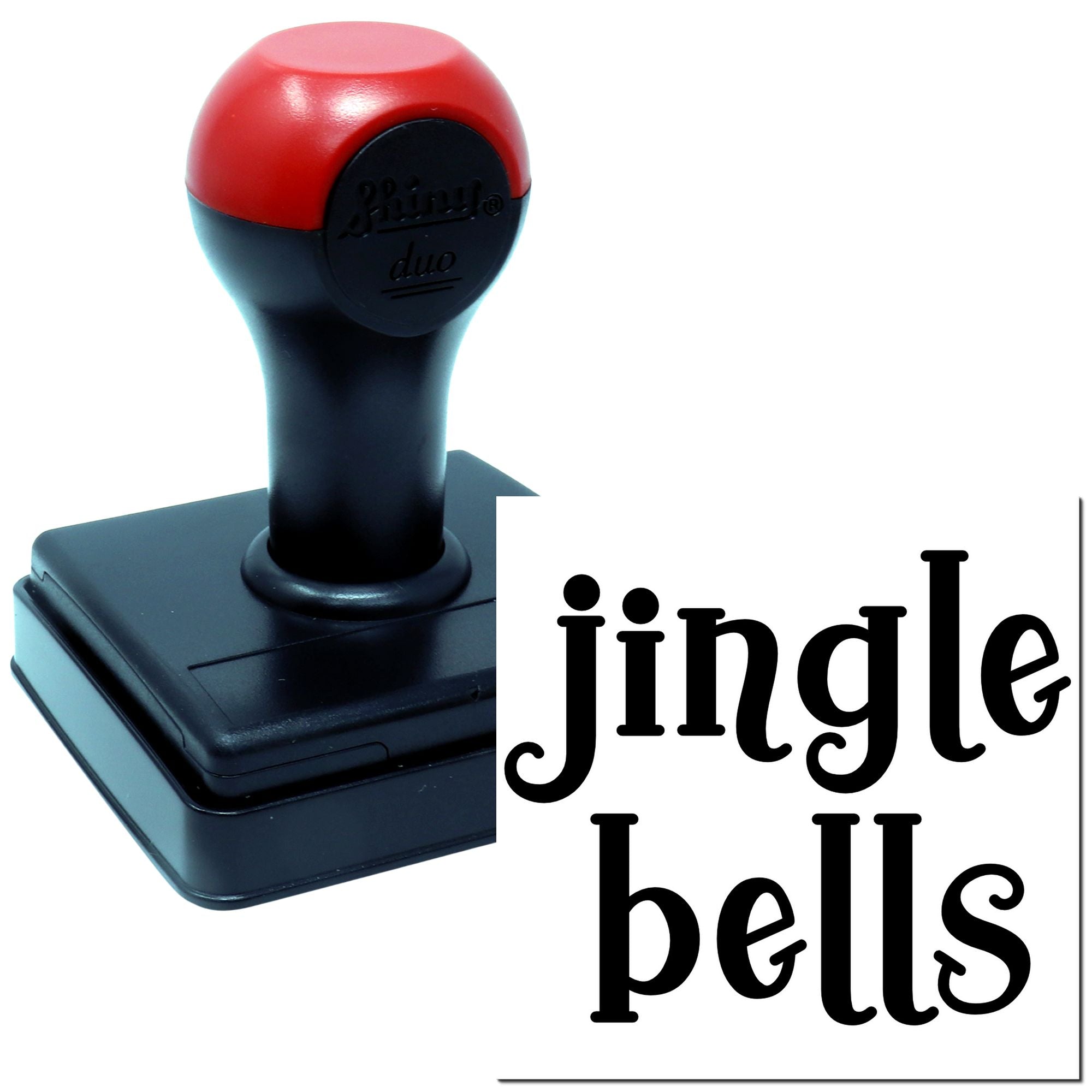 Custom self-inking rubber stamp with jingle bells text for holiday crafts, cards, and seasonal packaging.