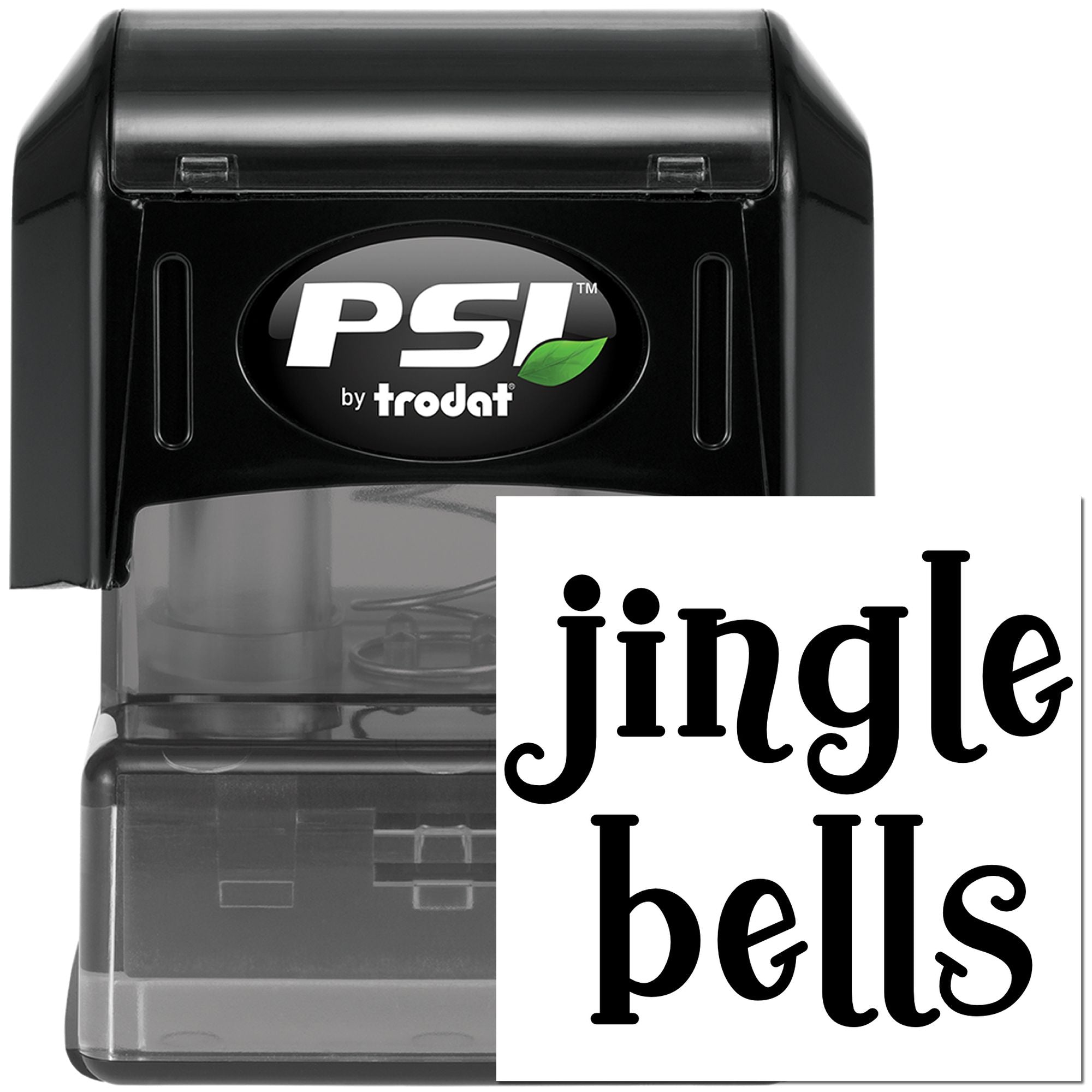 PSI by Trodat self-inking rubber stamp with custom jingle bells text for holiday crafting.