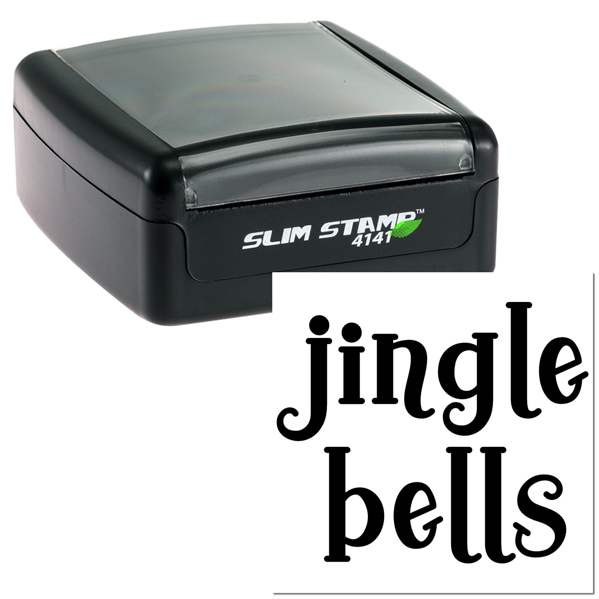 Slim self-inking rubber stamp with jingle bells imprint for holiday crafting and seasonal labeling.