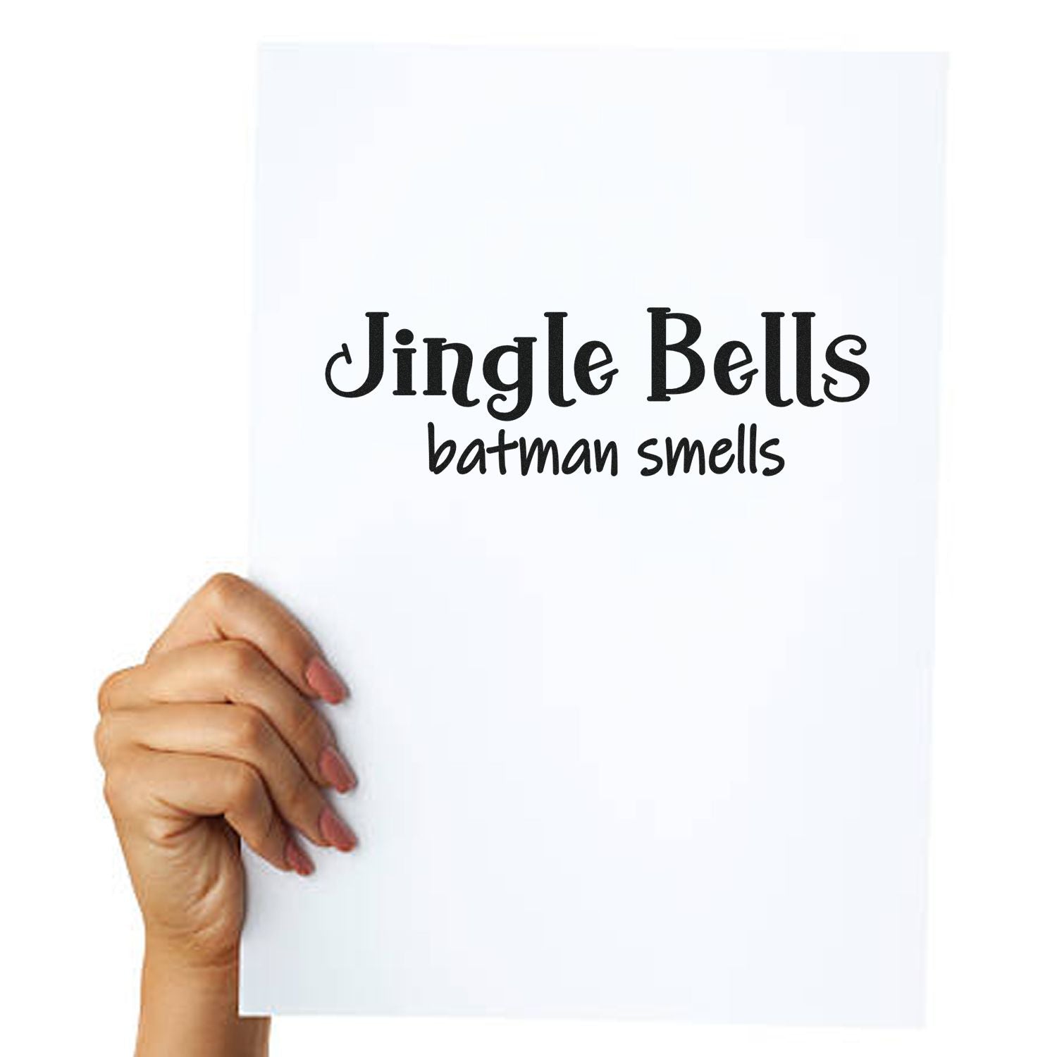 Funny Christmas rubber stamp design reading Jingle Bells, Batman Smells on a hand-held paper card.
