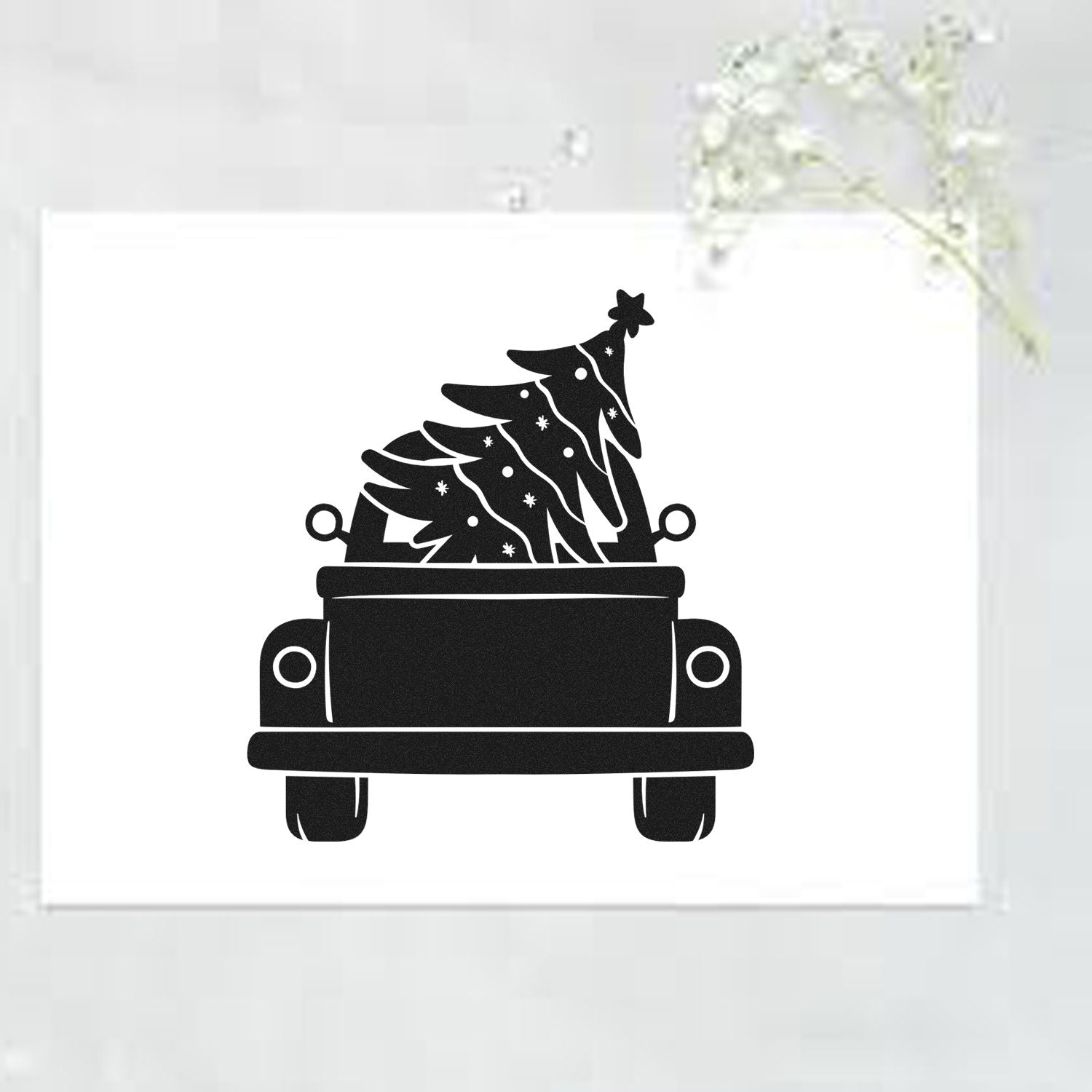 Holiday rubber stamp of a Christmas tree in a vintage pickup truck for cards, scrapbooking, and festive crafts.