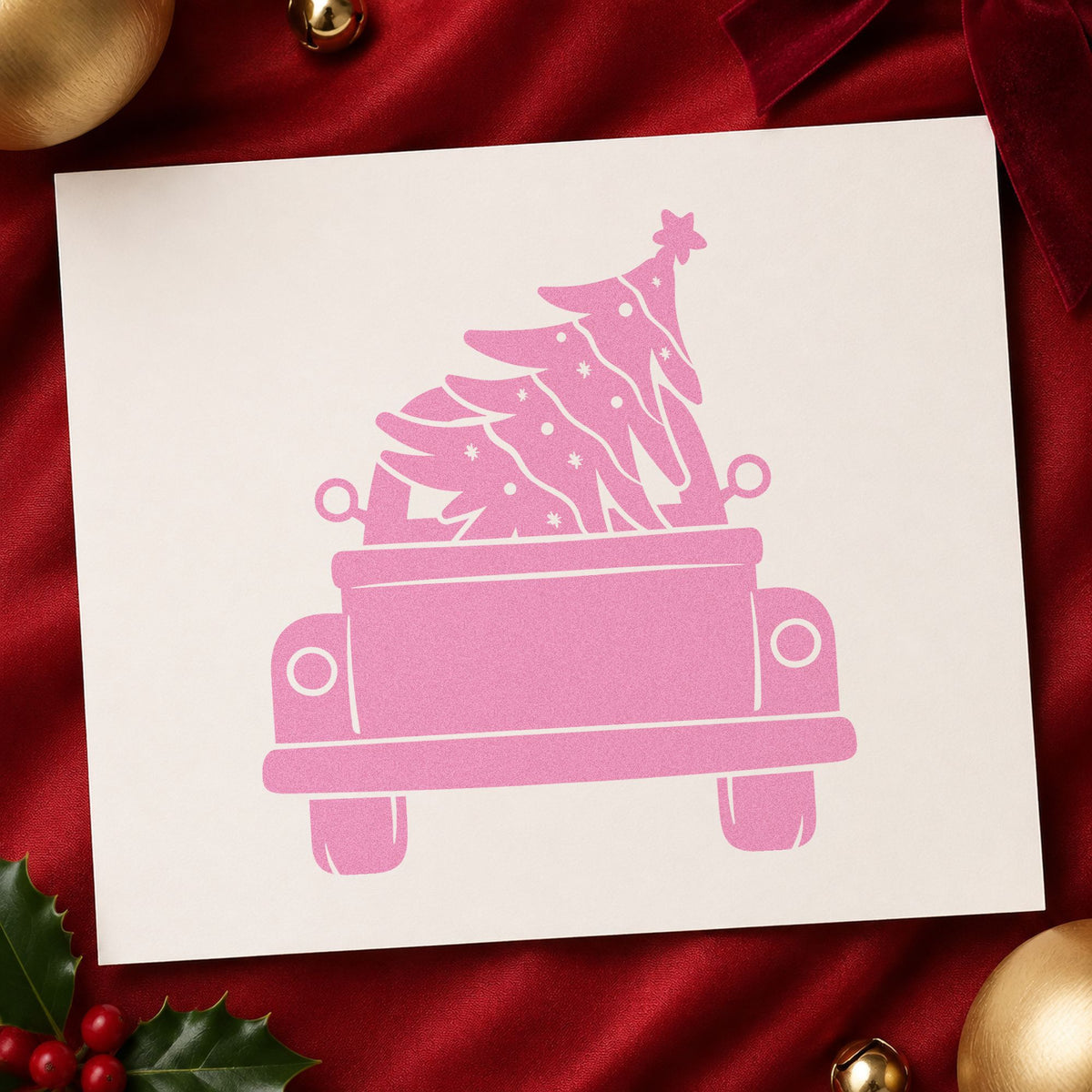 Pickup Truck Christmas Tree craft stamp in purple ink on cardstock, an easy option for haul day album page.