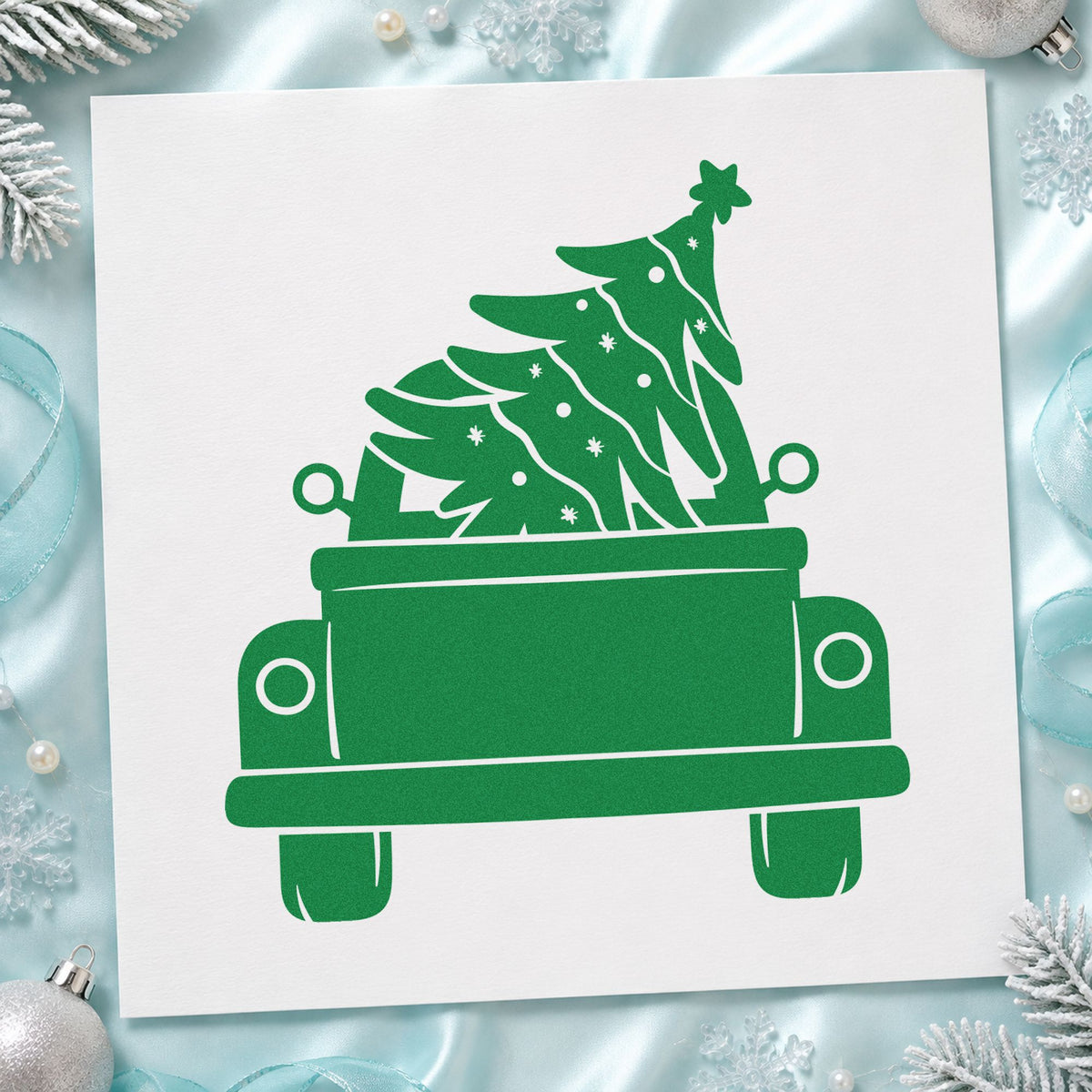 Pickup Truck Christmas Tree craft stamp imprint in green ink on a handmade project, one idea being hayride ticket cards.