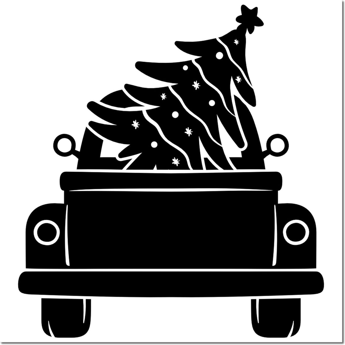 Christmas truck rubber stamp design with pickup carrying a decorated Christmas tree silhouette for holiday crafting and cards