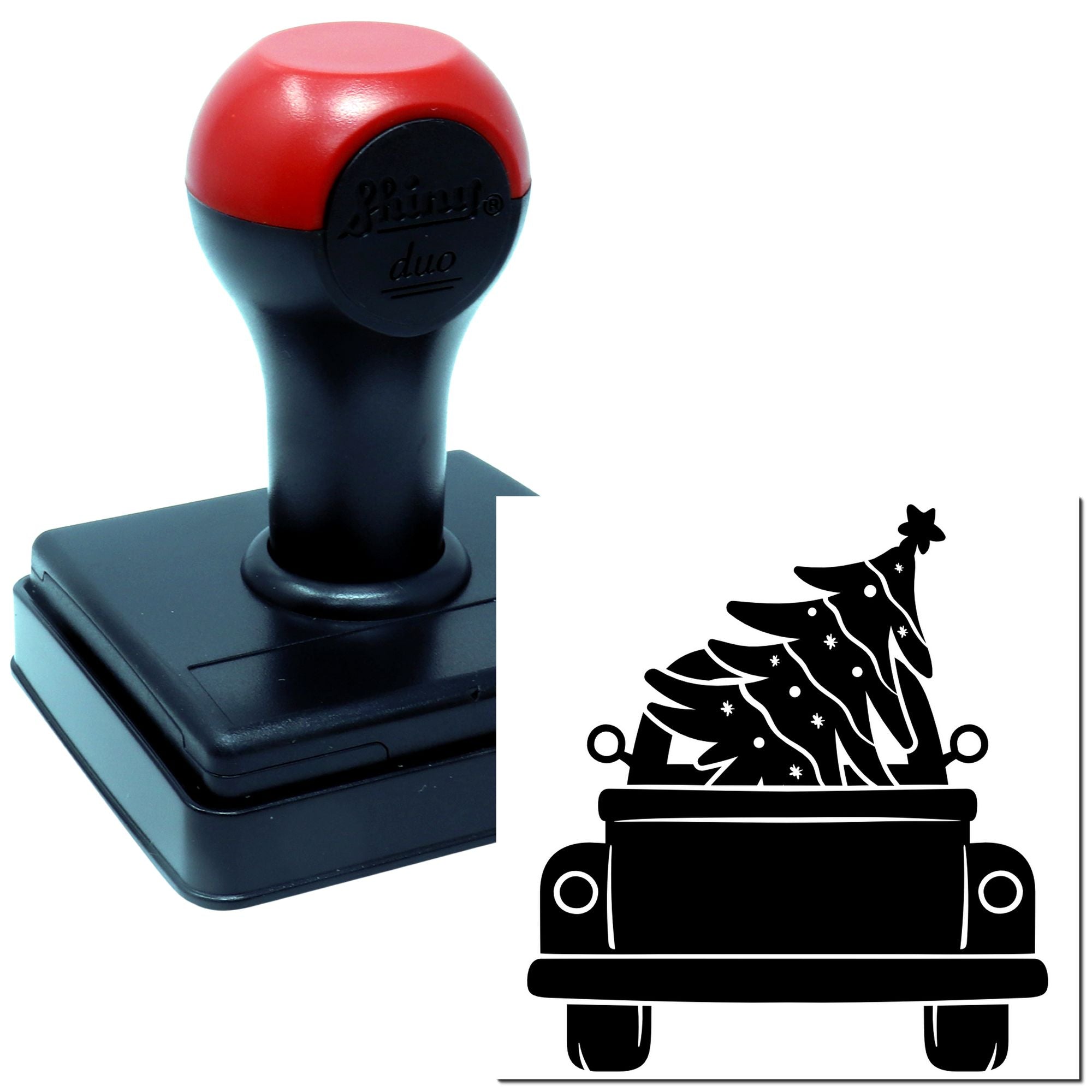 Self-inking rubber stamp with Christmas tree in a pot design for custom holiday cards, crafts, and festive packaging.
