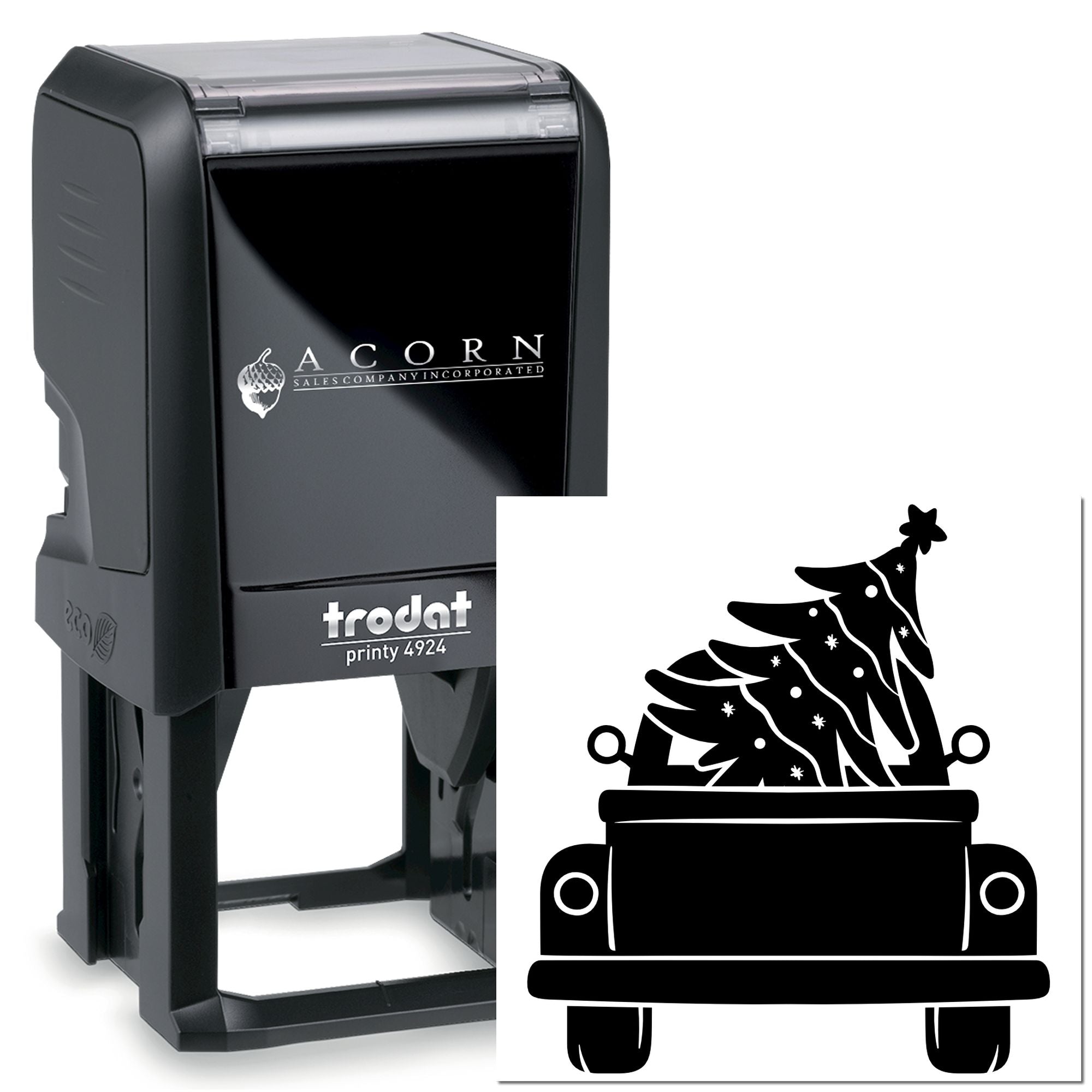 Self-inking Trodat 4924 custom rubber stamp with Christmas tree design for holiday branding.