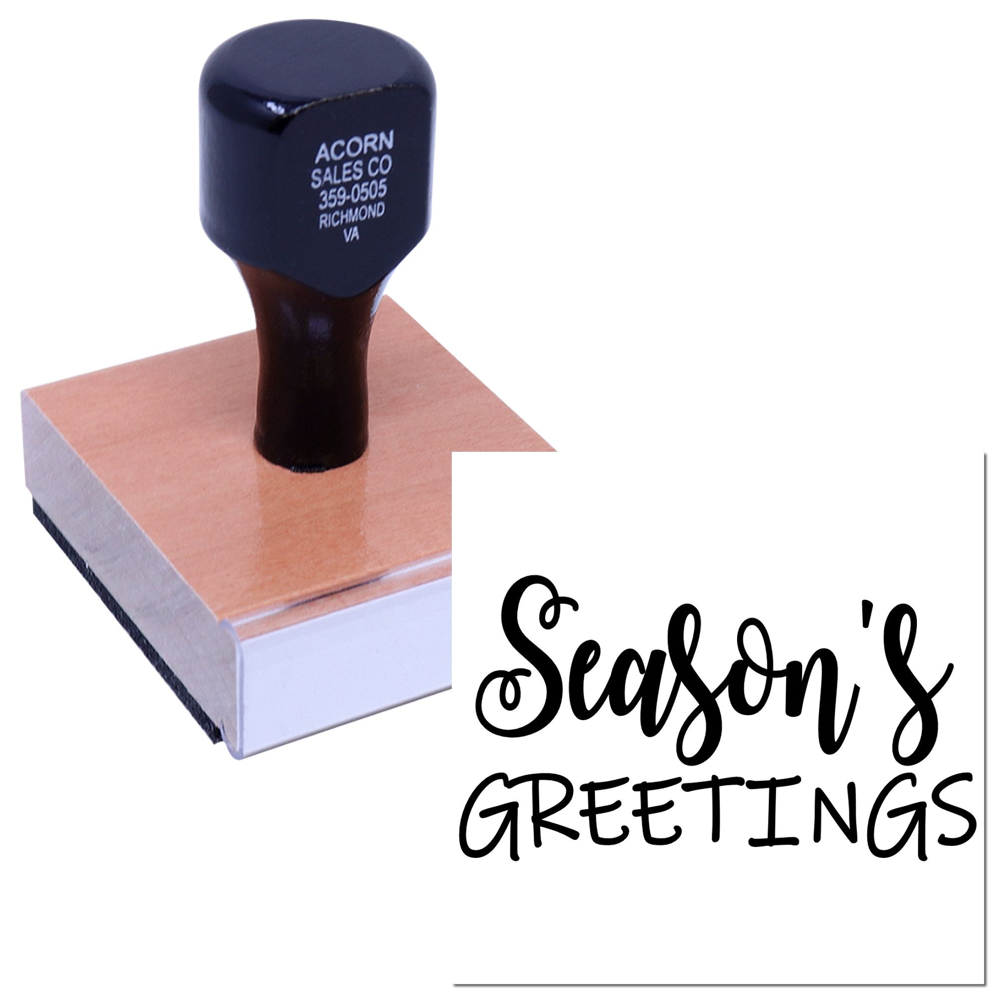 Custom rubber stamp with Seasons Greetings holiday message for cards, crafts, and business packaging.