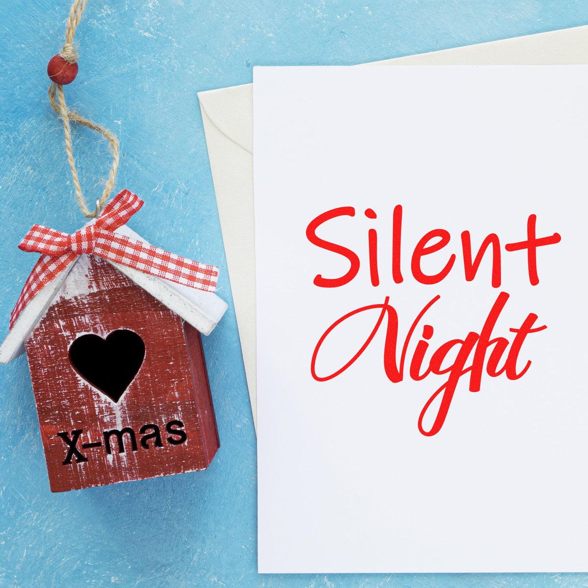 Christmas rubber stamp design with Silent Night greeting and handmade x-mas birdhouse ornament for holiday cards