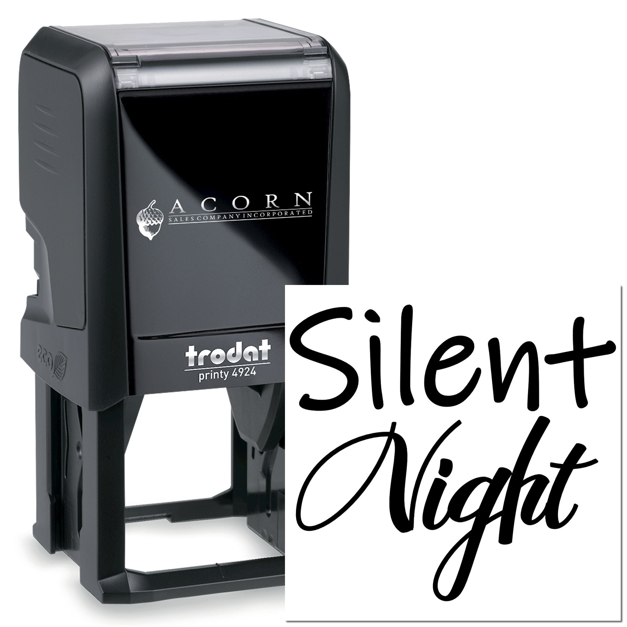 Custom self-inking rubber stamp with Silent Night script, Trodat Printy 4924 holiday message stamp.