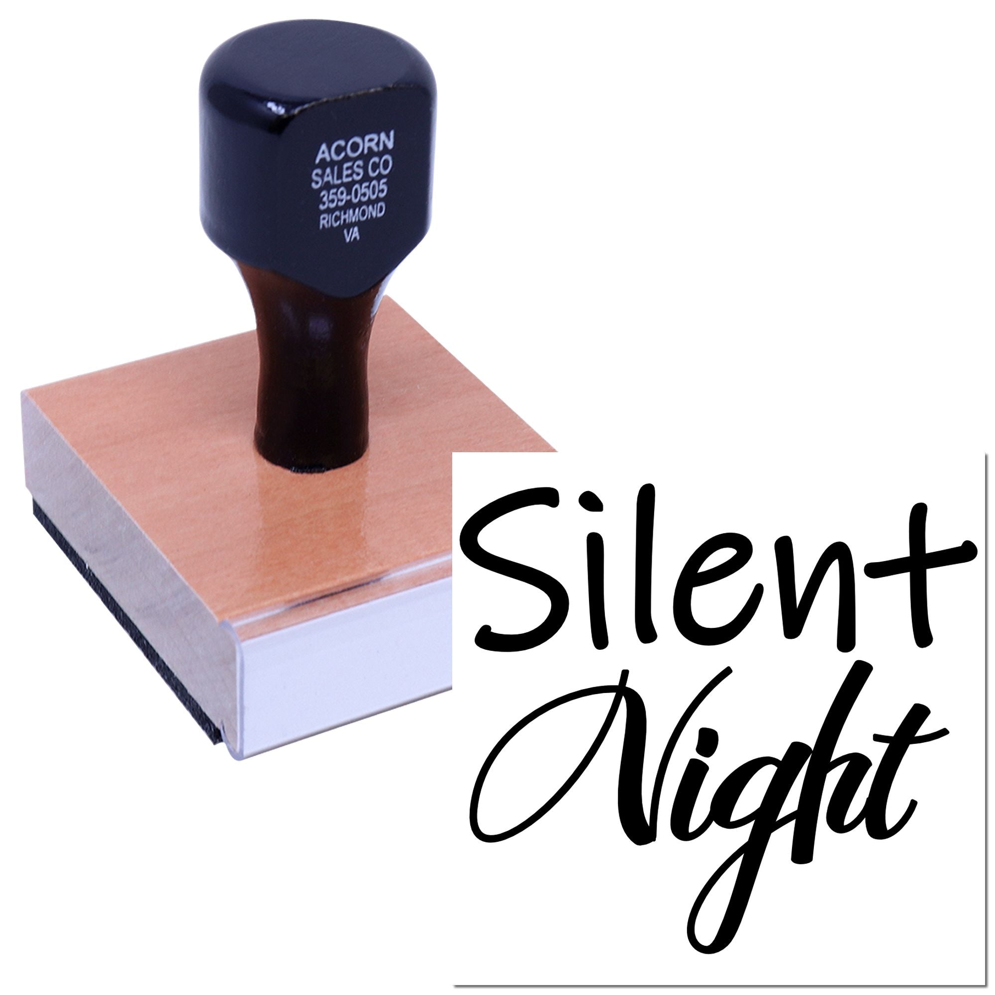 Custom Silent Night rubber stamp on wooden block, perfect for holiday cards, crafts, and seasonal stationery.