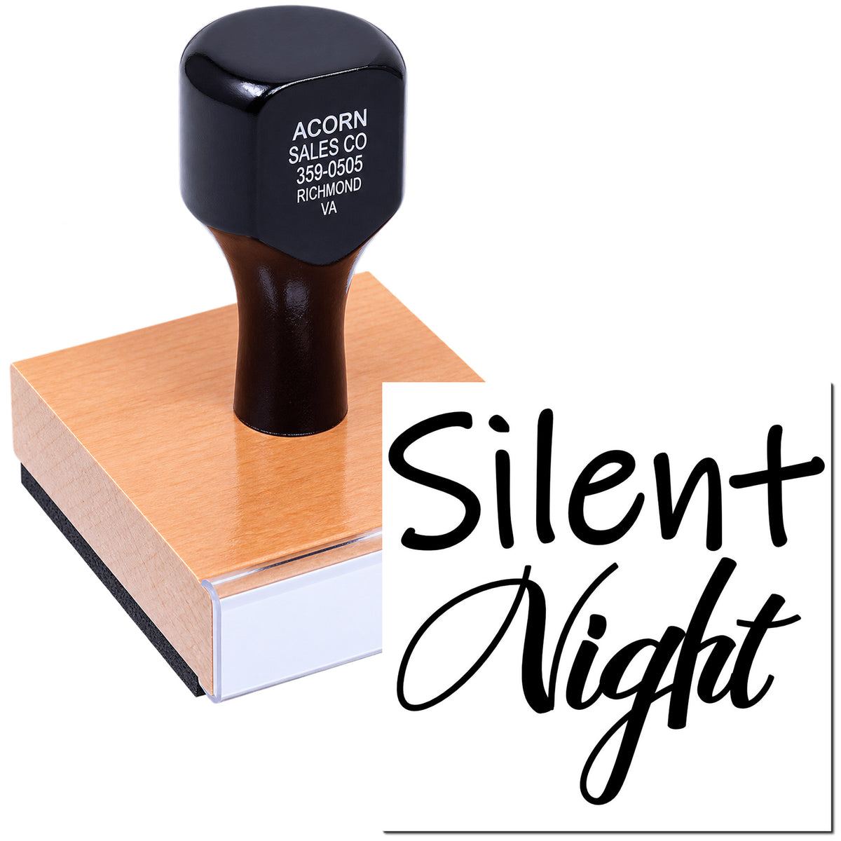 Custom Silent Night rubber stamp on wooden block, perfect for holiday cards, crafts, and seasonal stationery.