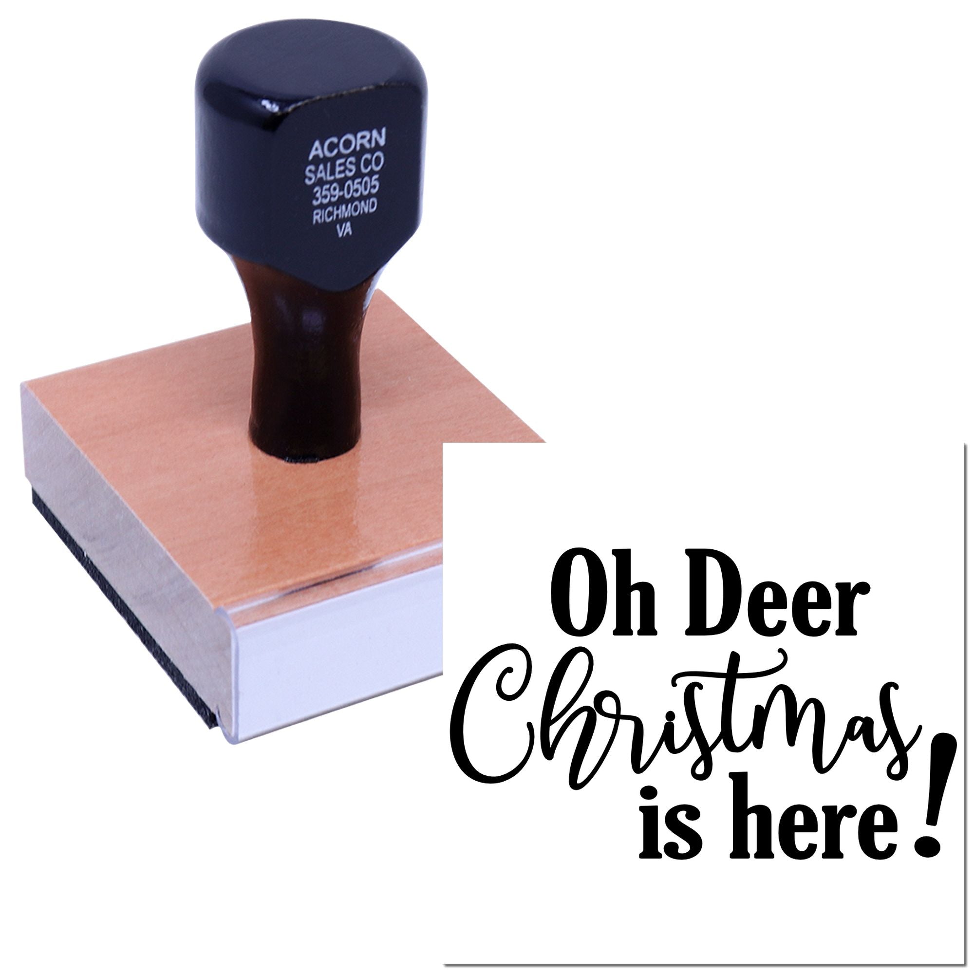 Custom rubber stamp with Oh Deer Christmas is here! message for festive holiday cards and holiday packaging.