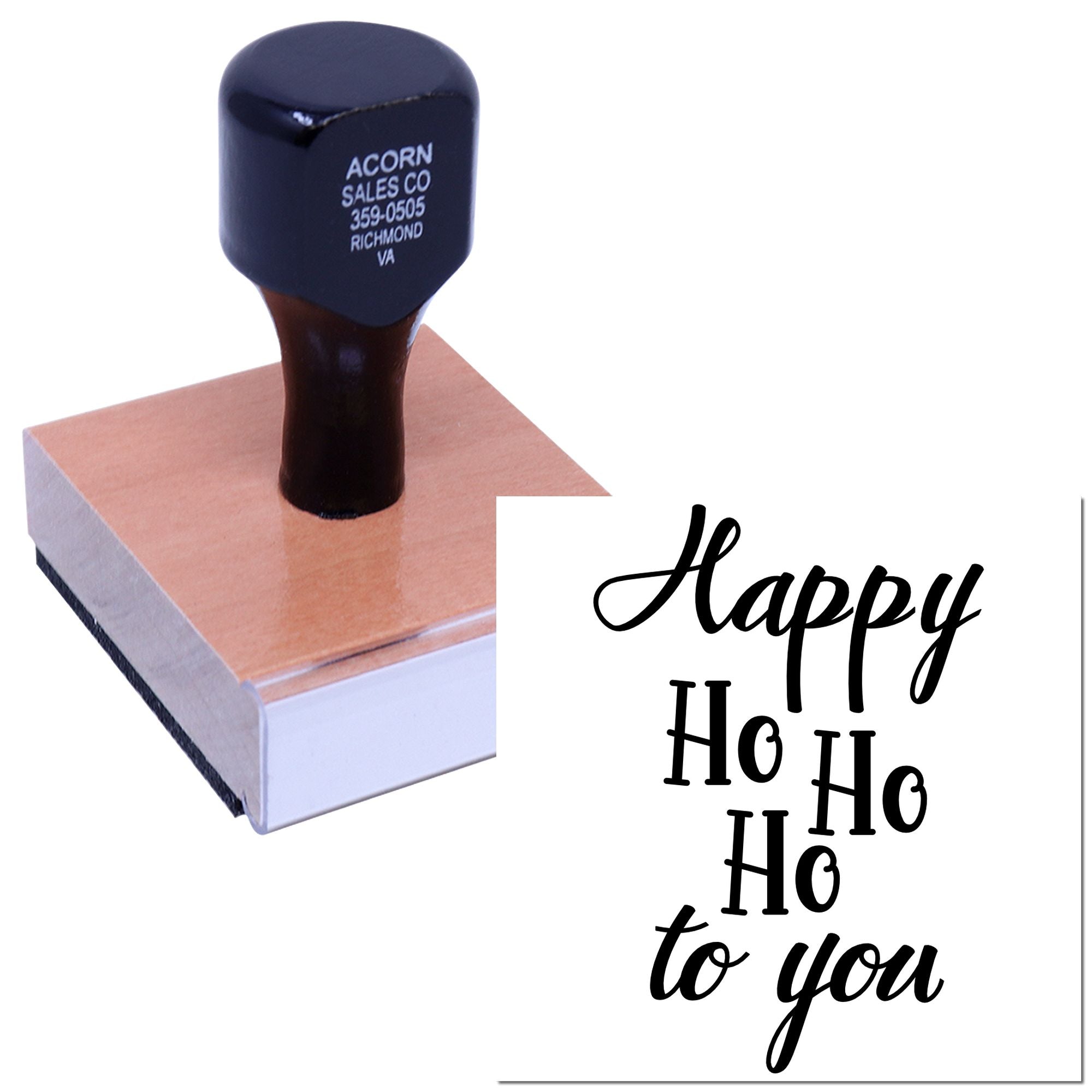 Custom Christmas rubber stamp with Happy Ho Ho Ho to you holiday message for festive cards and packaging.
