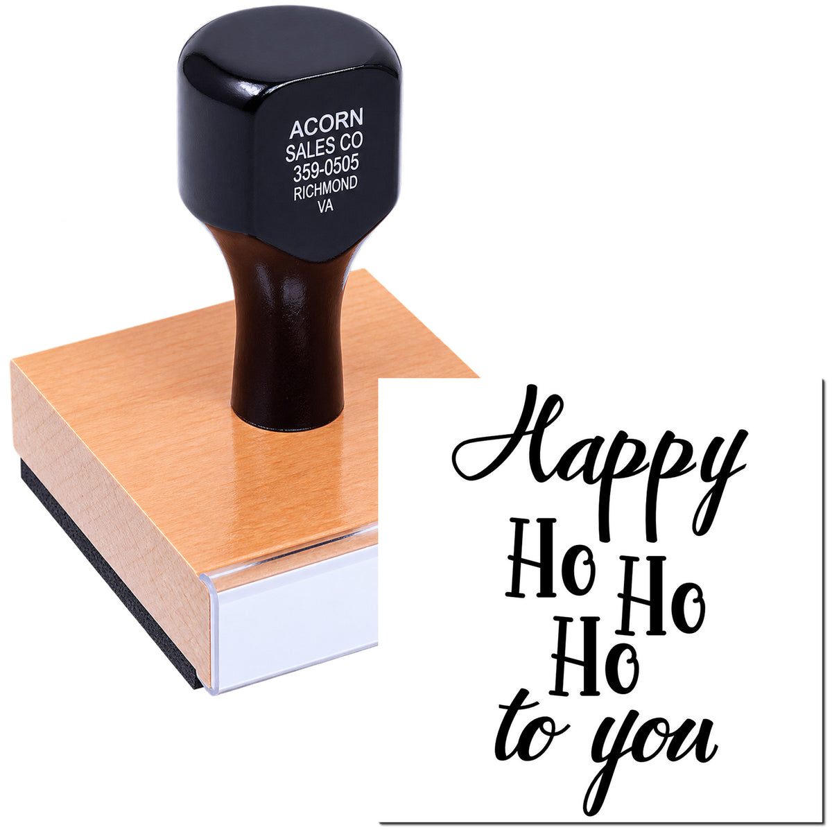 Custom Christmas rubber stamp with Happy Ho Ho Ho to you holiday message for festive cards and packaging.