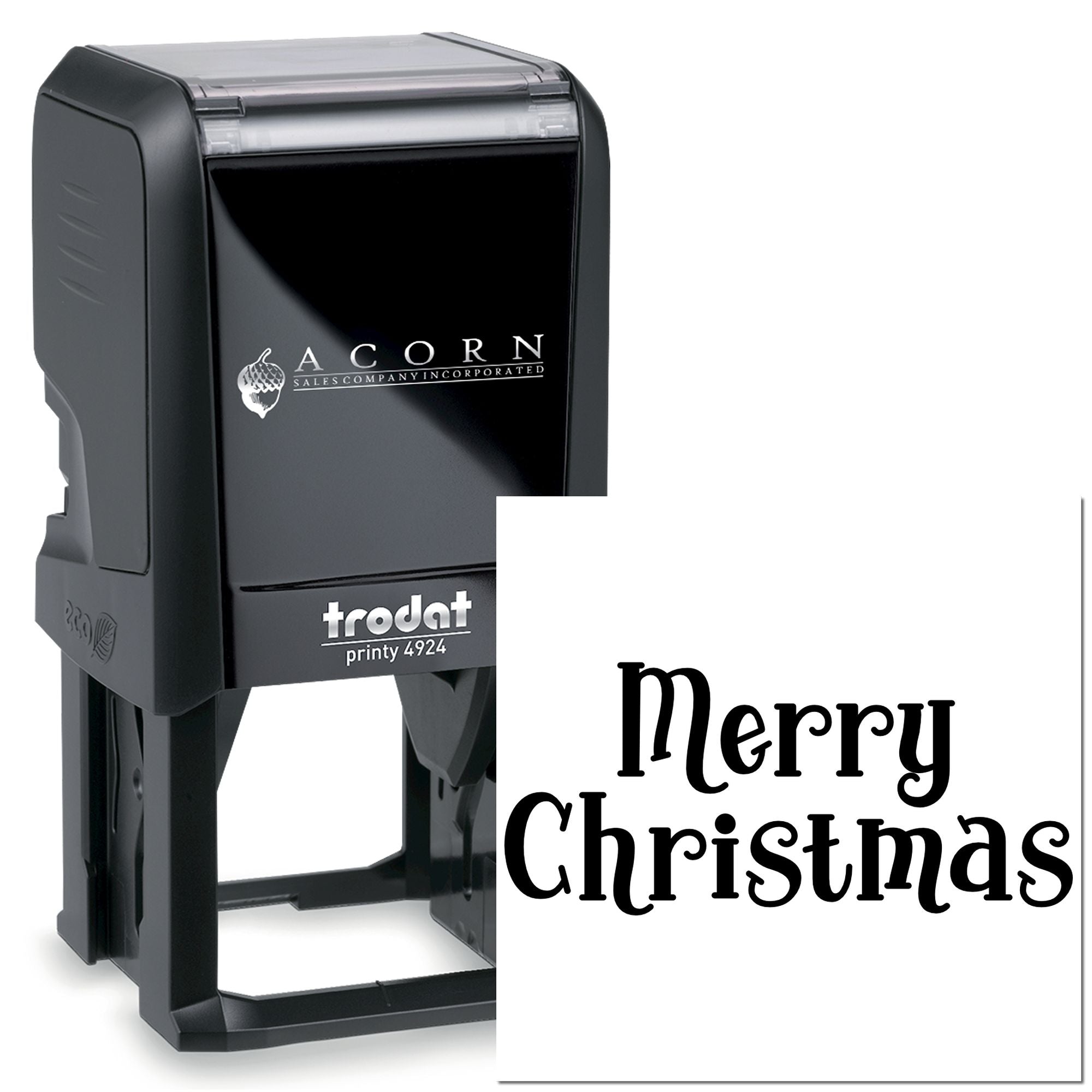 Merry Christmas custom rubber stamp, Trodat Printy 4924 self-inking stamp for holiday cards, gifts, and packaging.