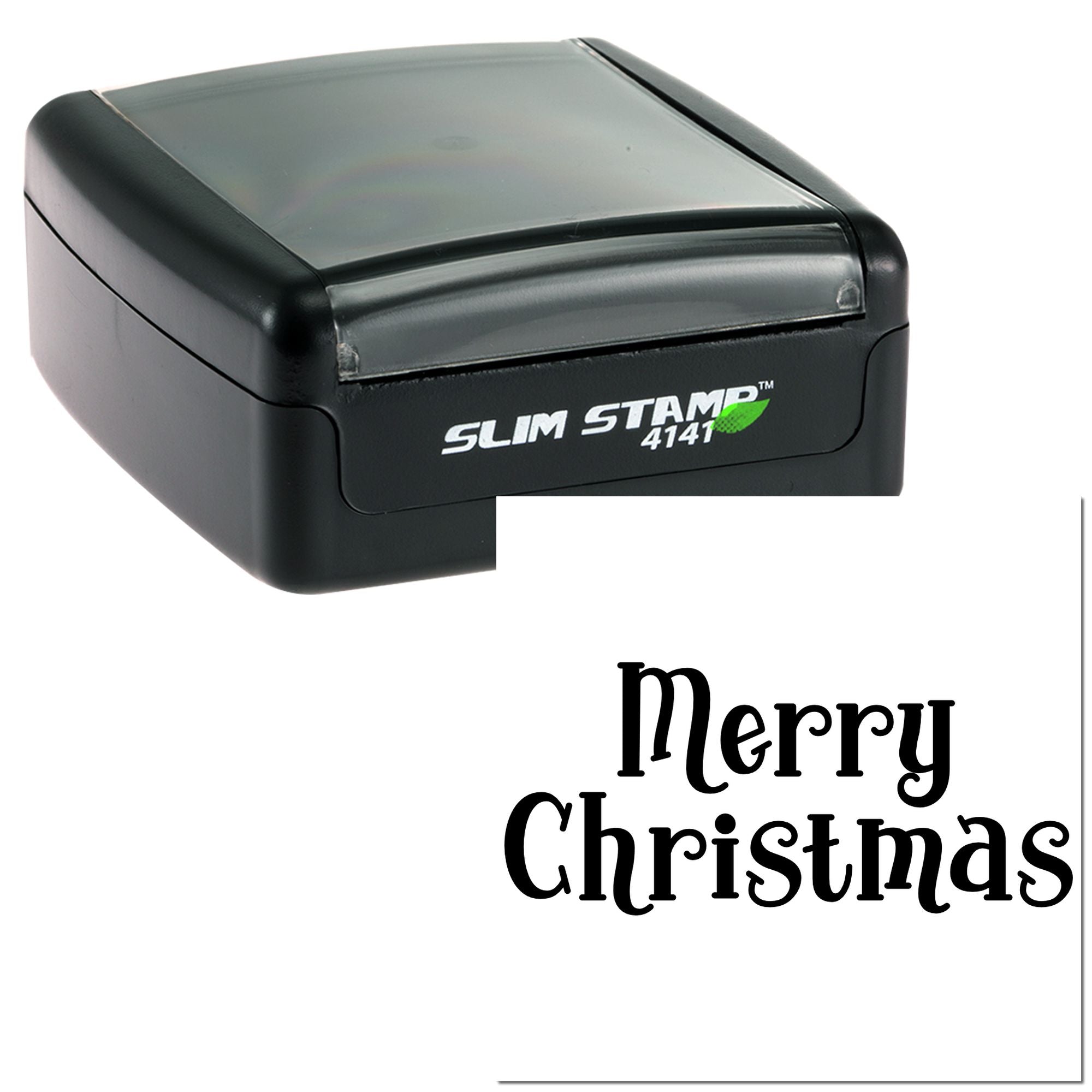 Custom Merry Christmas self-inking rubber stamp, Slim Stamp 4141, for holiday cards, gifts and festive packaging.