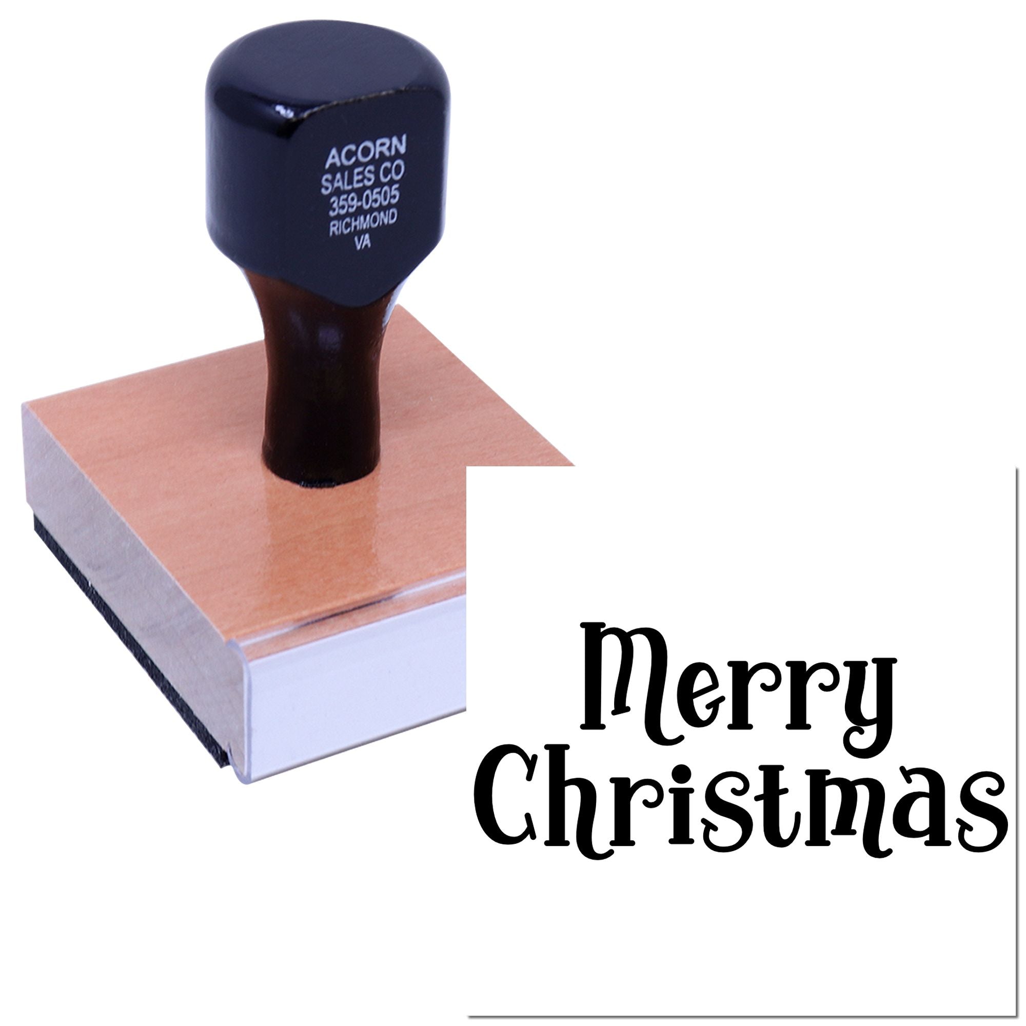 Custom Merry Christmas rubber stamp with wood handle for holiday cards, gift tags and festive packaging.