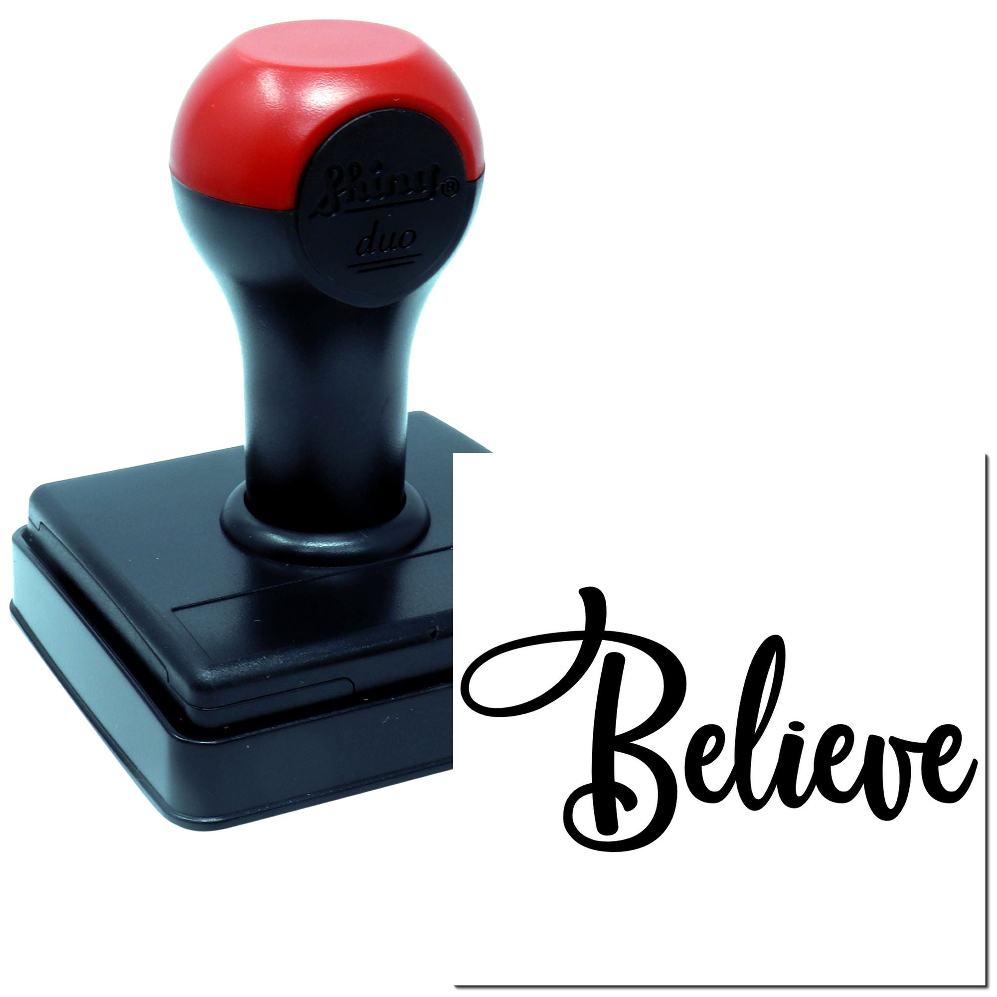 Self-inking rubber stamp with Believe imprint for inspirational crafting and custom branding