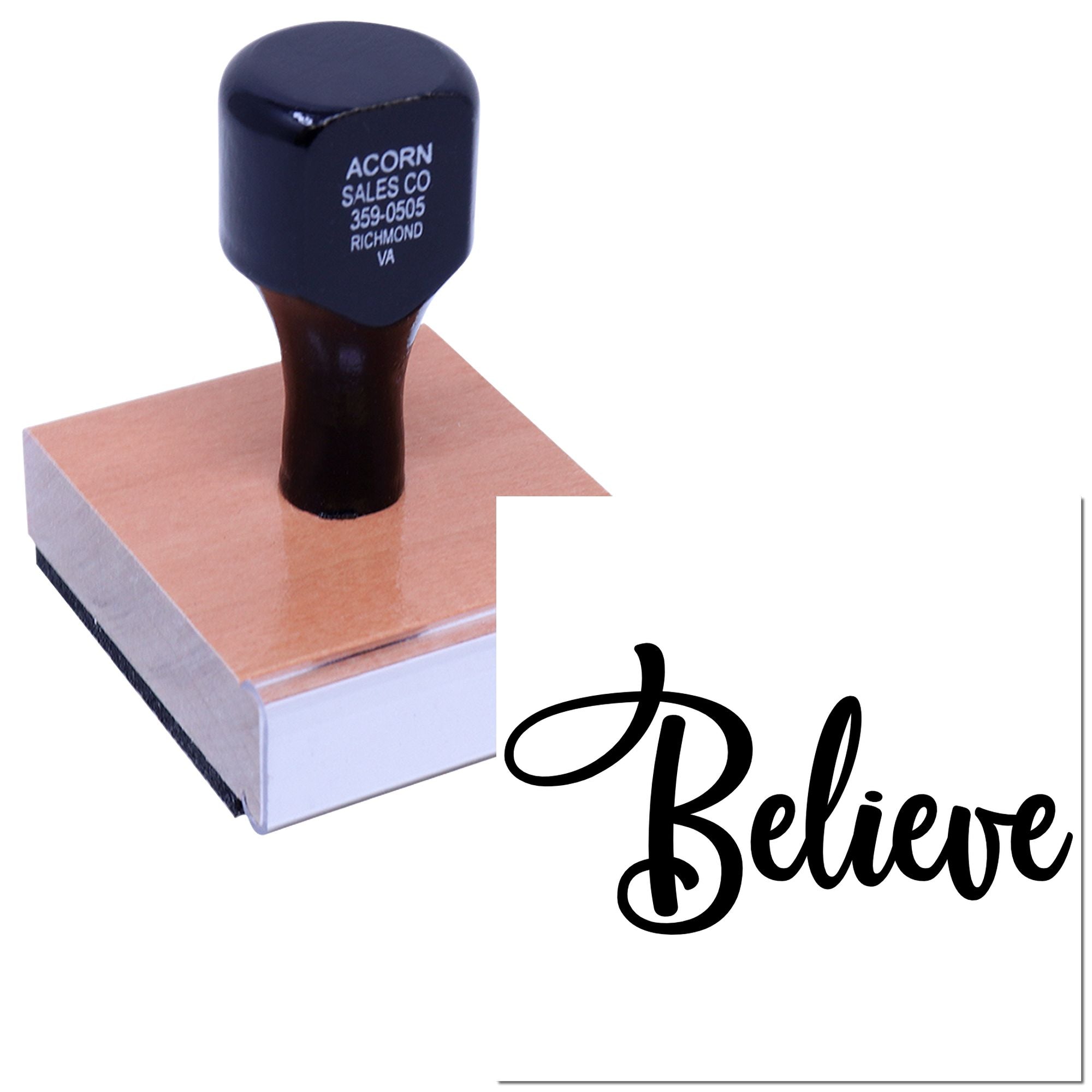 Custom rubber stamp with Believe design, shown on a wooden mount for crafting, branding, and handmade projects.