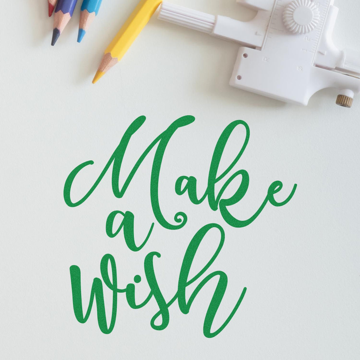 Custom rubber stamp with Make a Wish script design for handmade cards, invitations, and craft projects