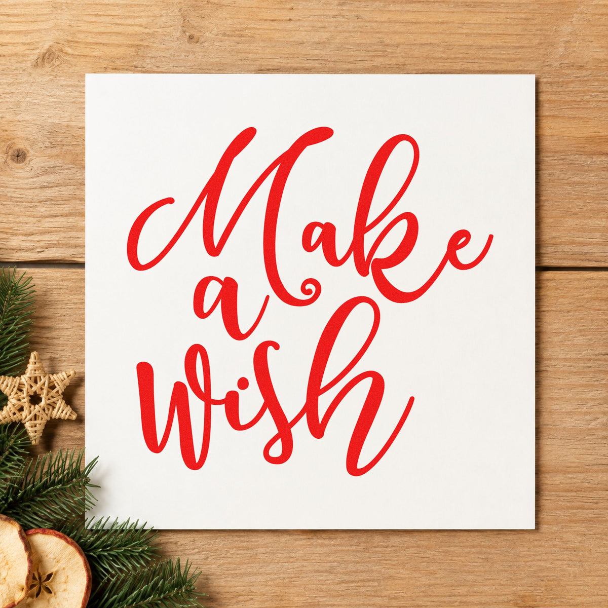 Make A Wish Script rubber stamp shown in red ink, stamped for projects such as cupcake box labels.