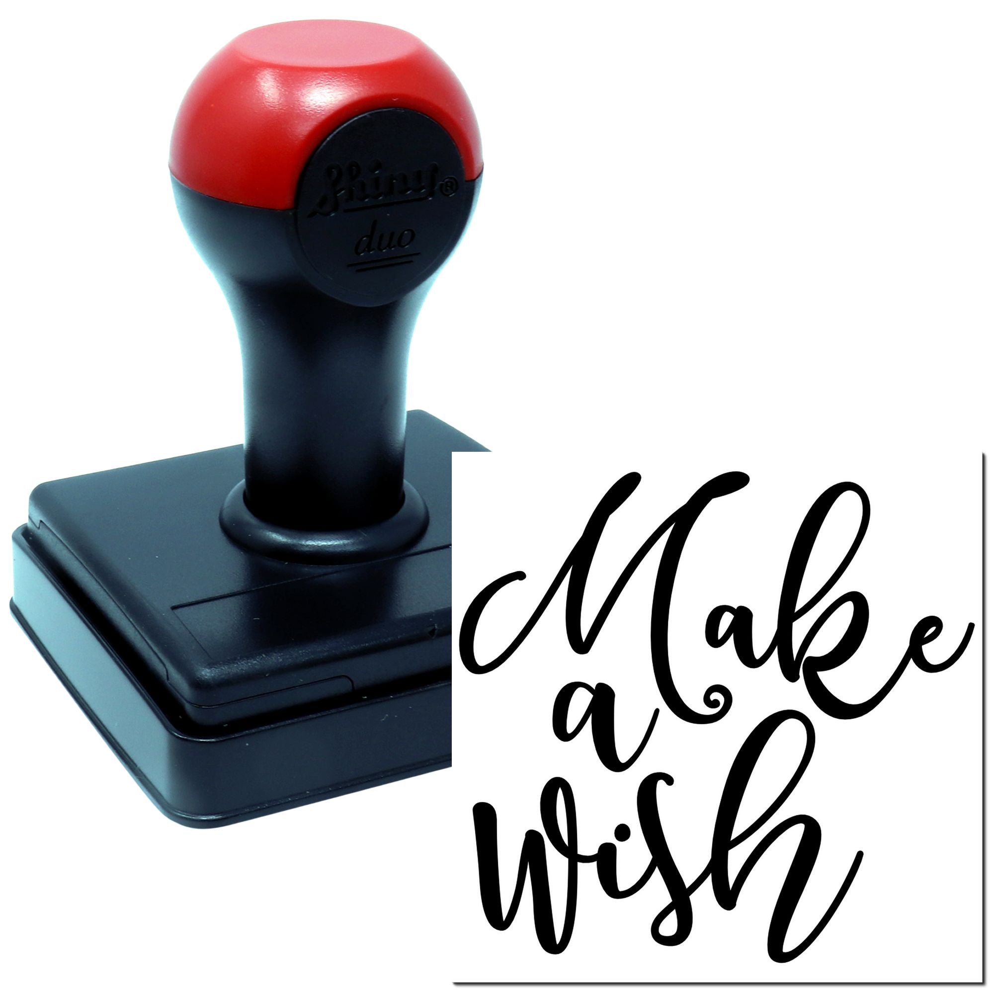 Self-inking rubber stamp with Make a Wish script imprint for custom crafts, cards, and event favors.