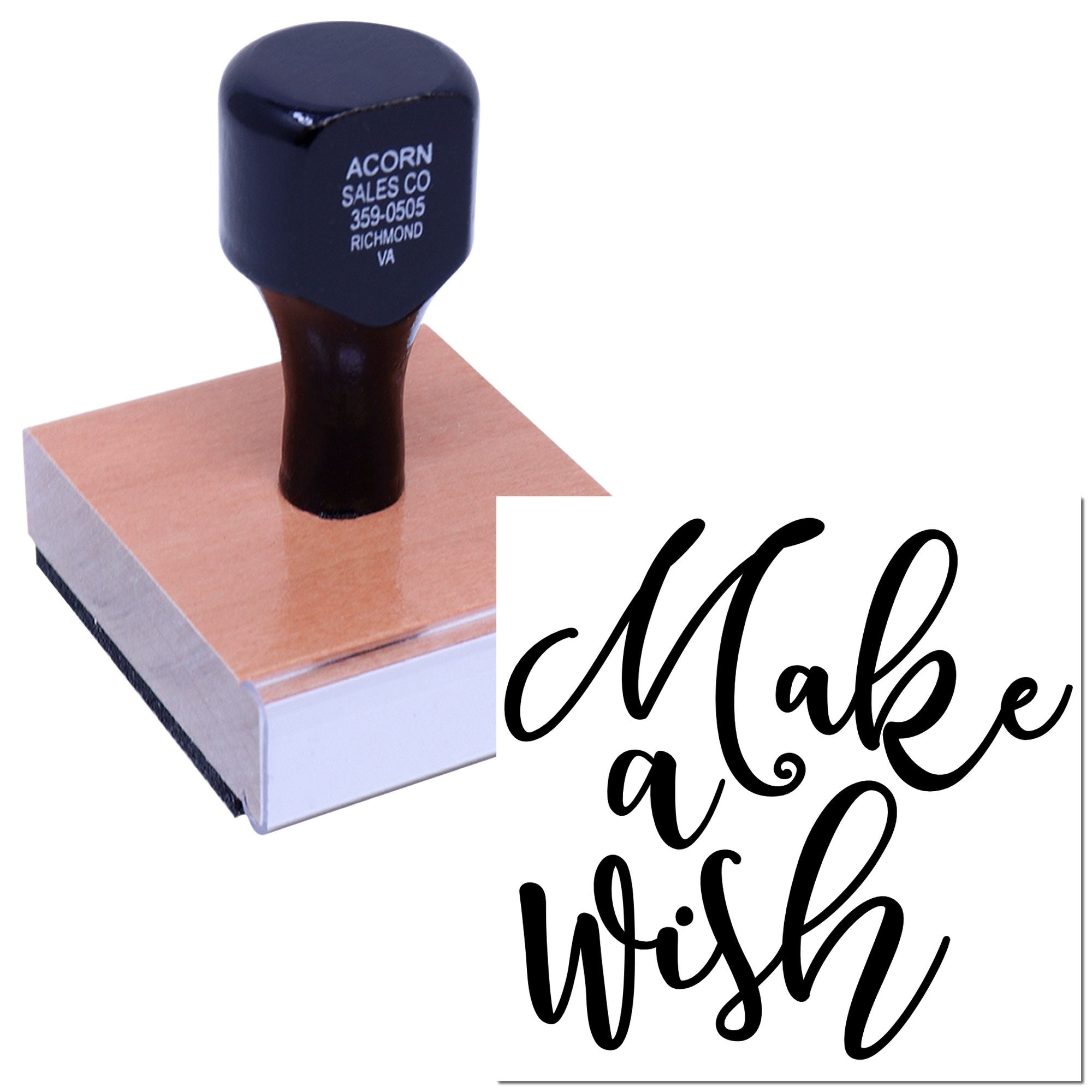 Custom rubber stamp with script design, shown on a wooden base for branding, packaging, and business use.