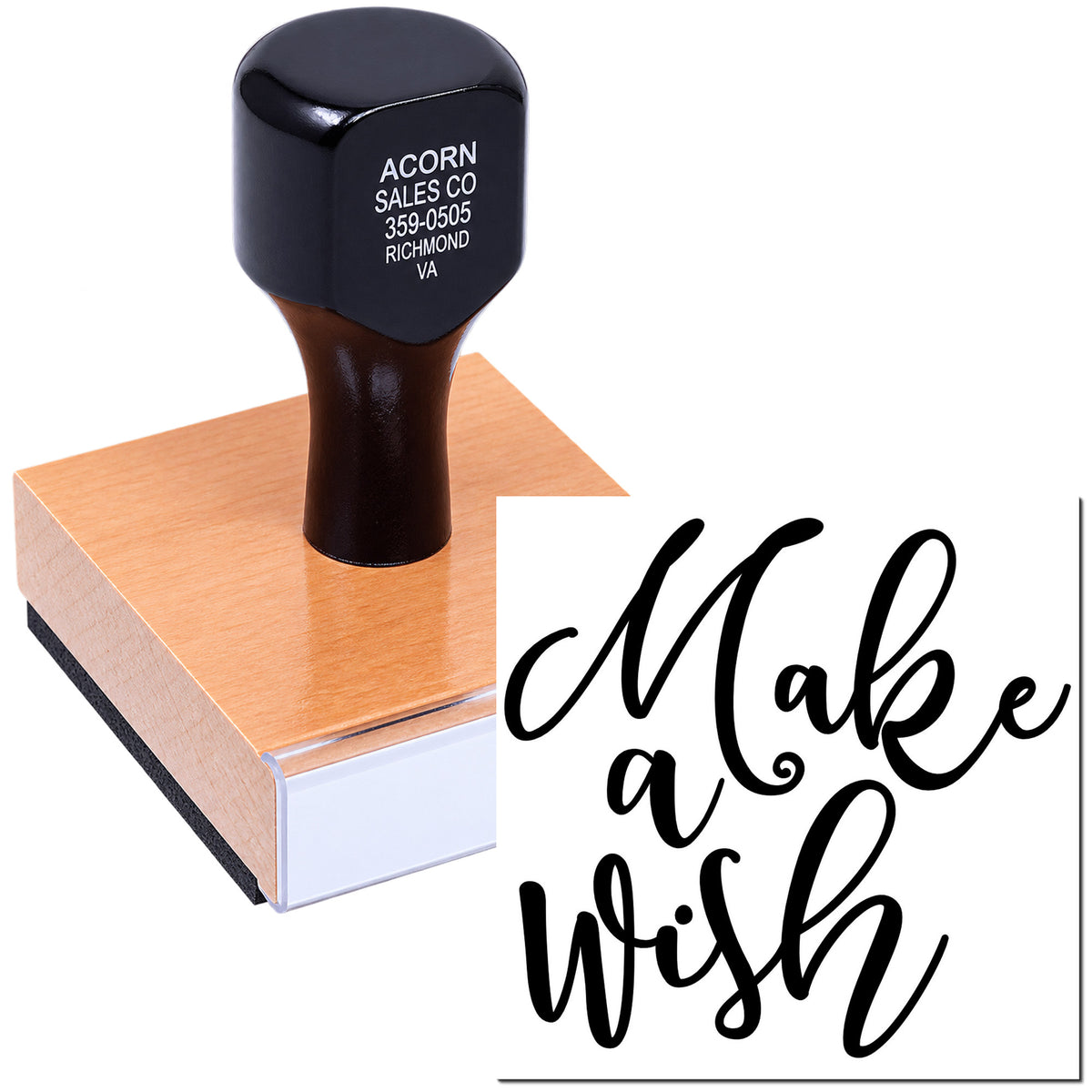 Custom rubber stamp with script design, shown on a wooden base for branding, packaging, and business use.