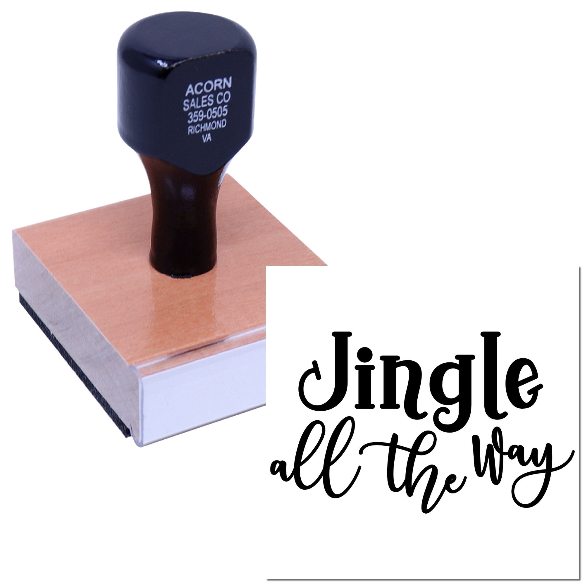 Custom rubber stamp with Jingle all the Way design for Christmas cards, holiday crafts, and festive packaging.