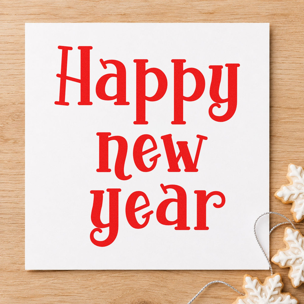 Happy New Year Serif craft stamp in red ink on cardstock, an easy option for tote front printing.