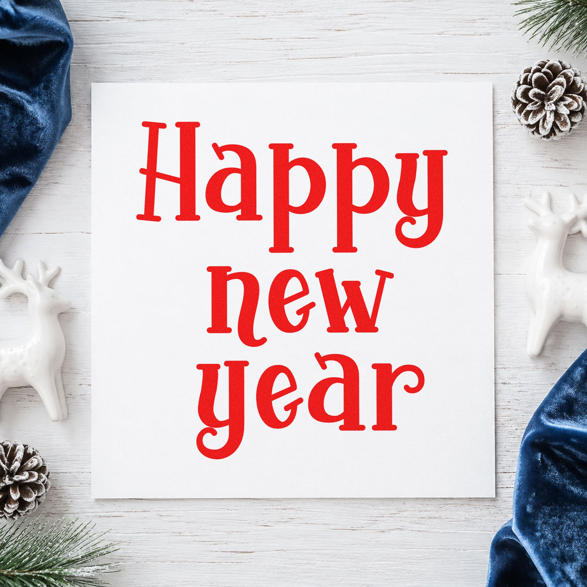 Happy New Year Serif rubber stamp shown in red ink, stamped for projects such as file box labels.