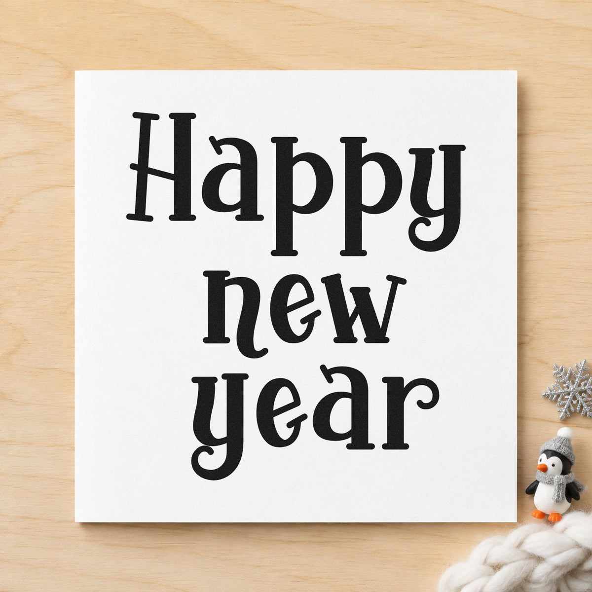 Happy New Year Serif rubber stamp printed in black ink, ready for bold three rows cards and similar paper crafts.