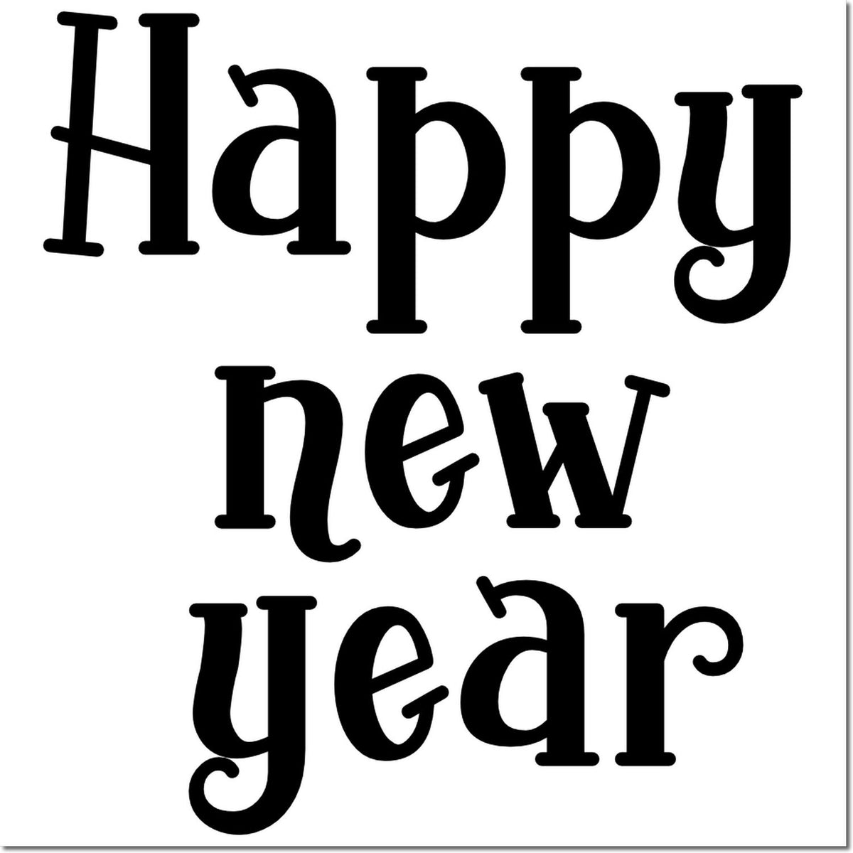 Happy New Year rubber stamp design in decorative black lettering for holiday cards, scrapbooking, and festive crafts.