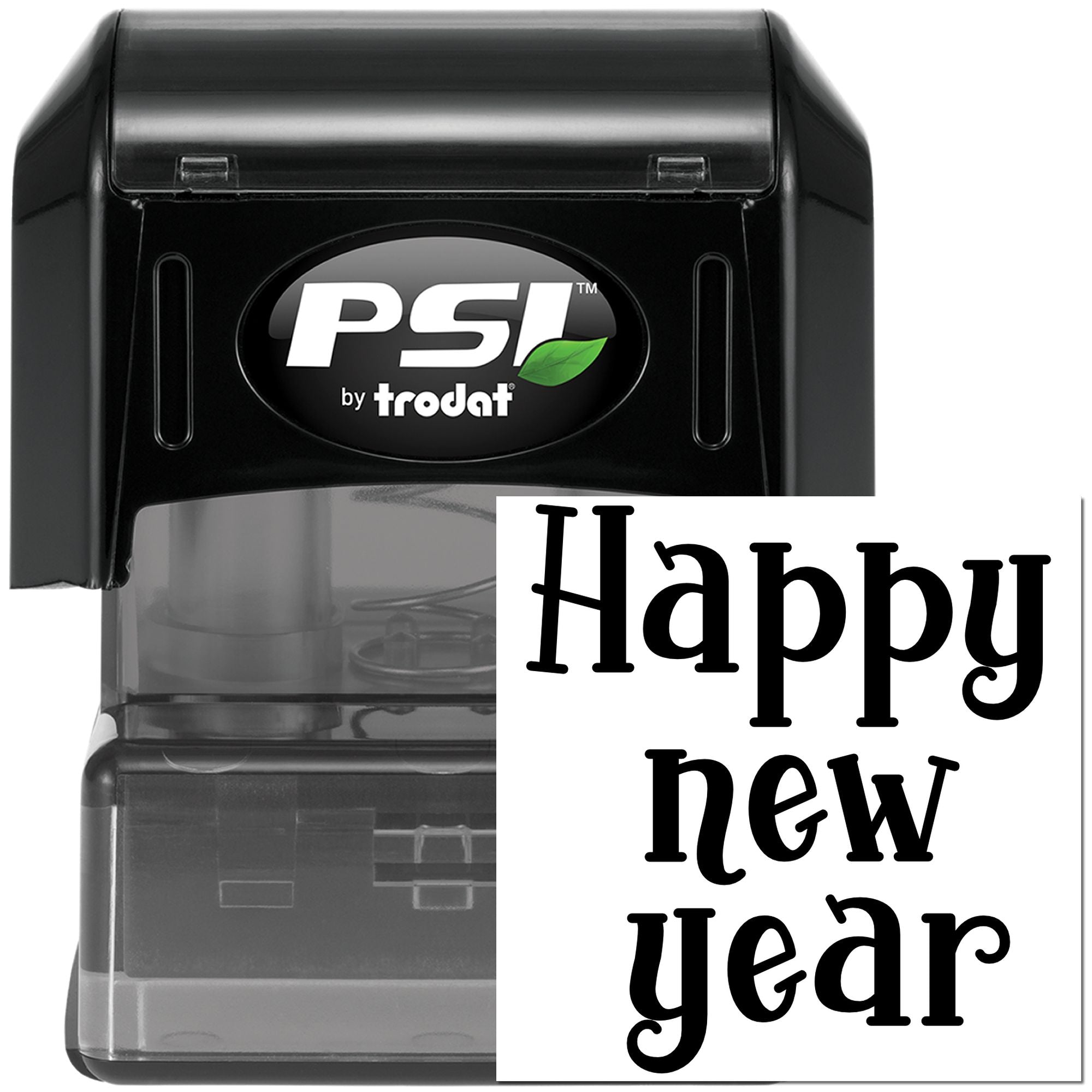 Happy New Year self-inking rubber stamp by PSI by Trodat for holiday cards, envelopes, and seasonal business mailings.