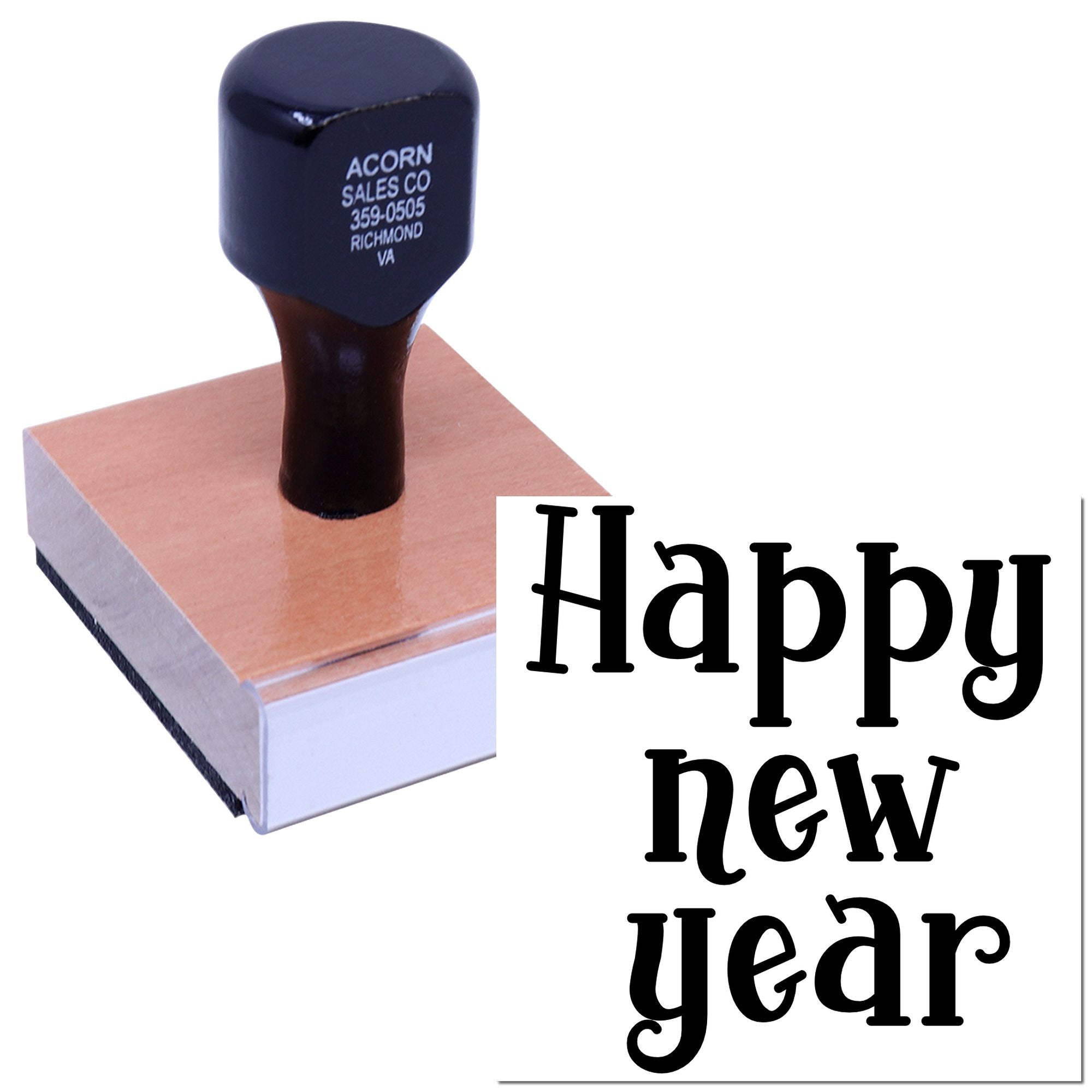 Happy New Year rubber stamp for holiday cards, invitations, and seasonal business mailings.