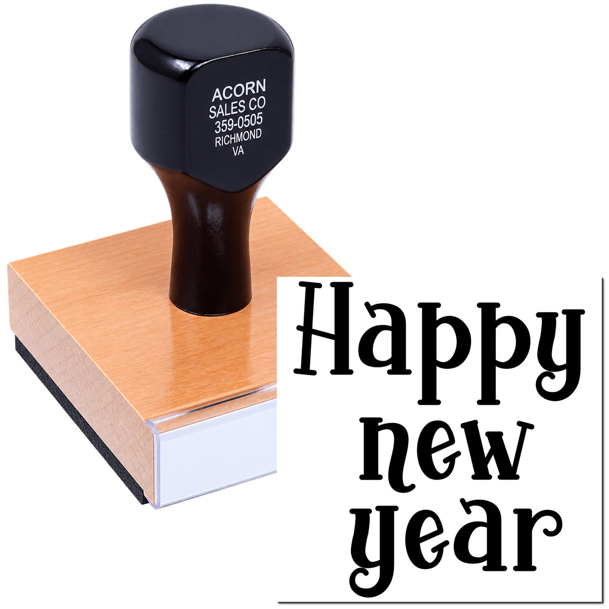Happy New Year rubber stamp for holiday cards, invitations, and seasonal business mailings.